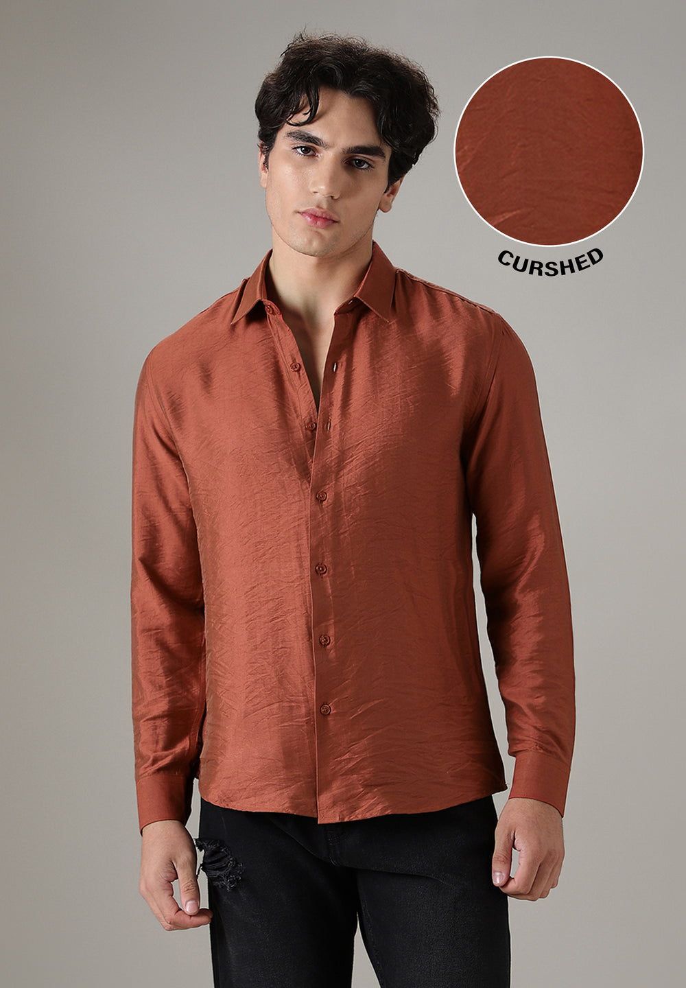 Metallic Orange Plain Crushed Satin Shirt