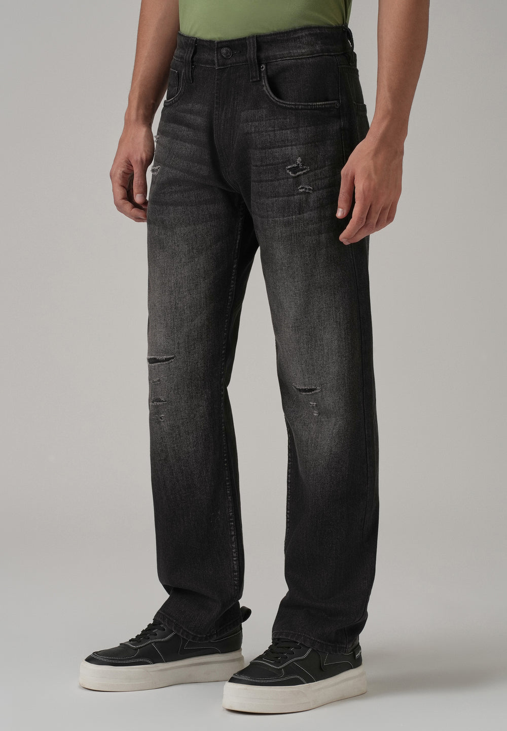 Mid Fade Ripped Black Straight Fit Jeans
