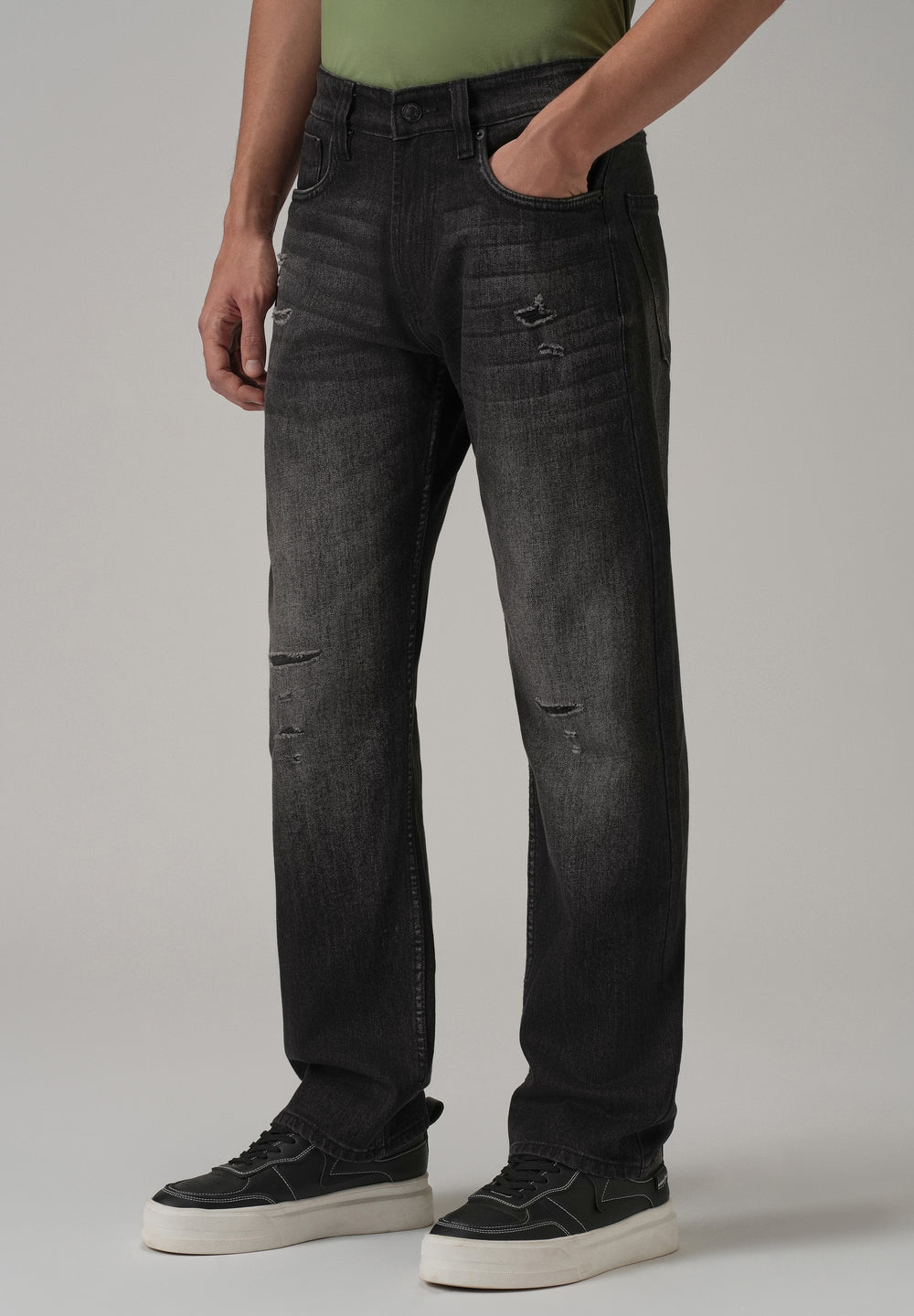 Mid Fade Ripped Black Straight Fit Jeans