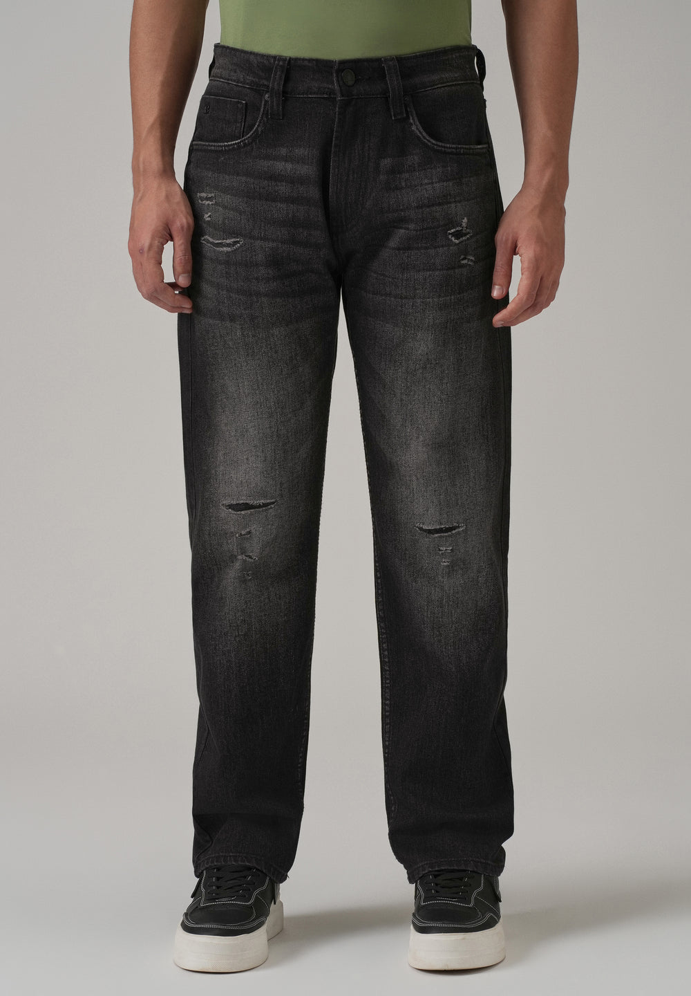 Mid Fade Ripped Black Straight Fit Jeans