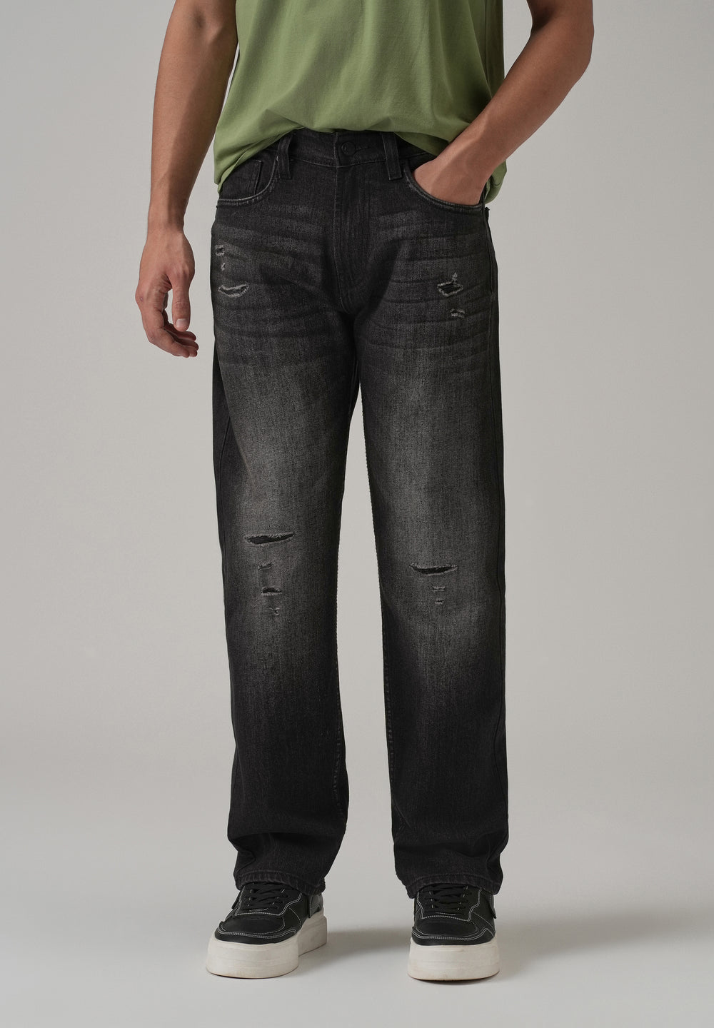 Mid Fade Ripped Black Straight Fit Jeans