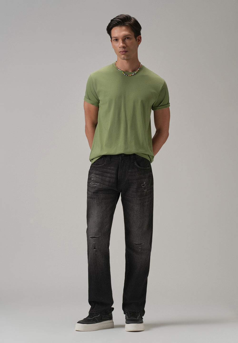 Mid Fade Ripped Black Straight Fit Jeans
