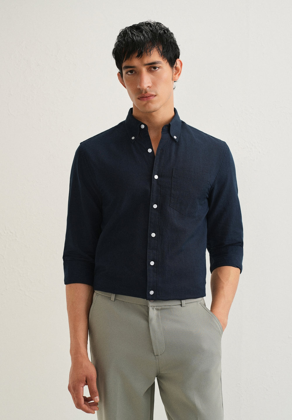 Midnight Navy Blue Cotton Linen Shirt