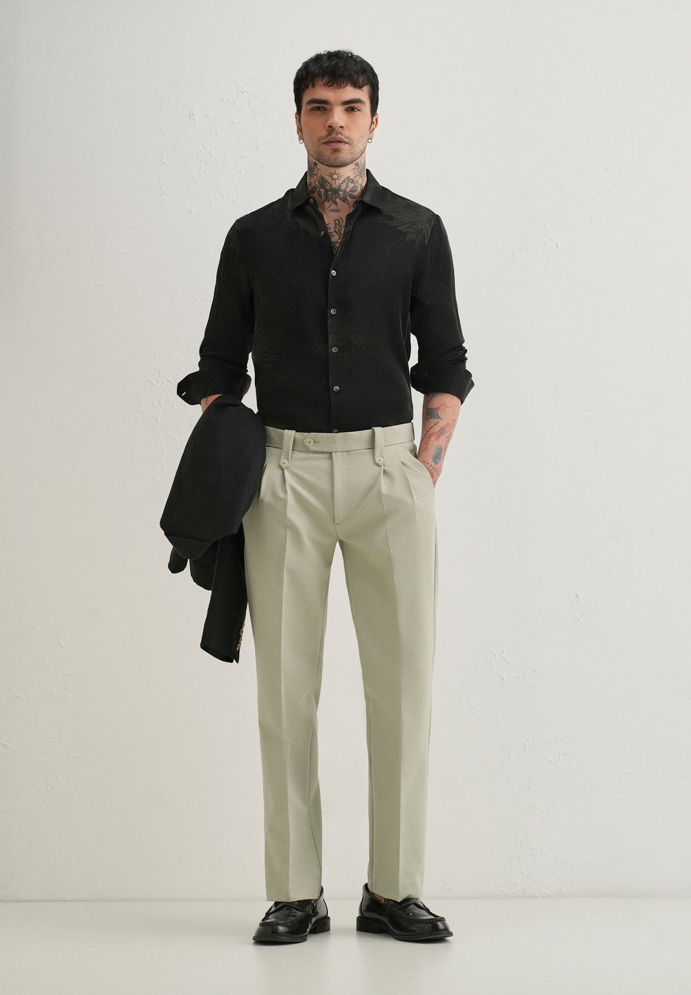 Mint Green Button-Tab Pleat Trouser