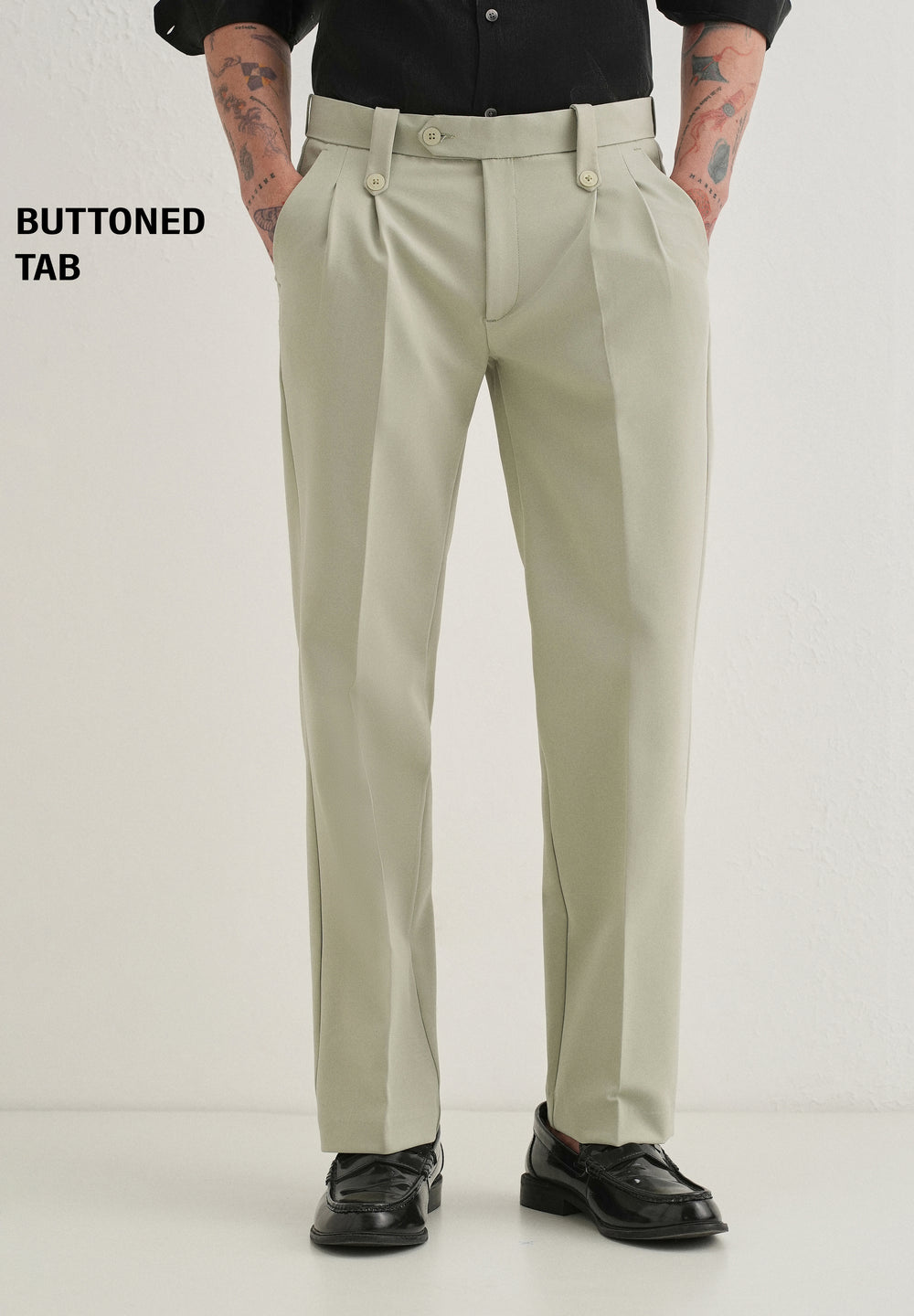 Mint Green Button-Tab Pleat Trouser