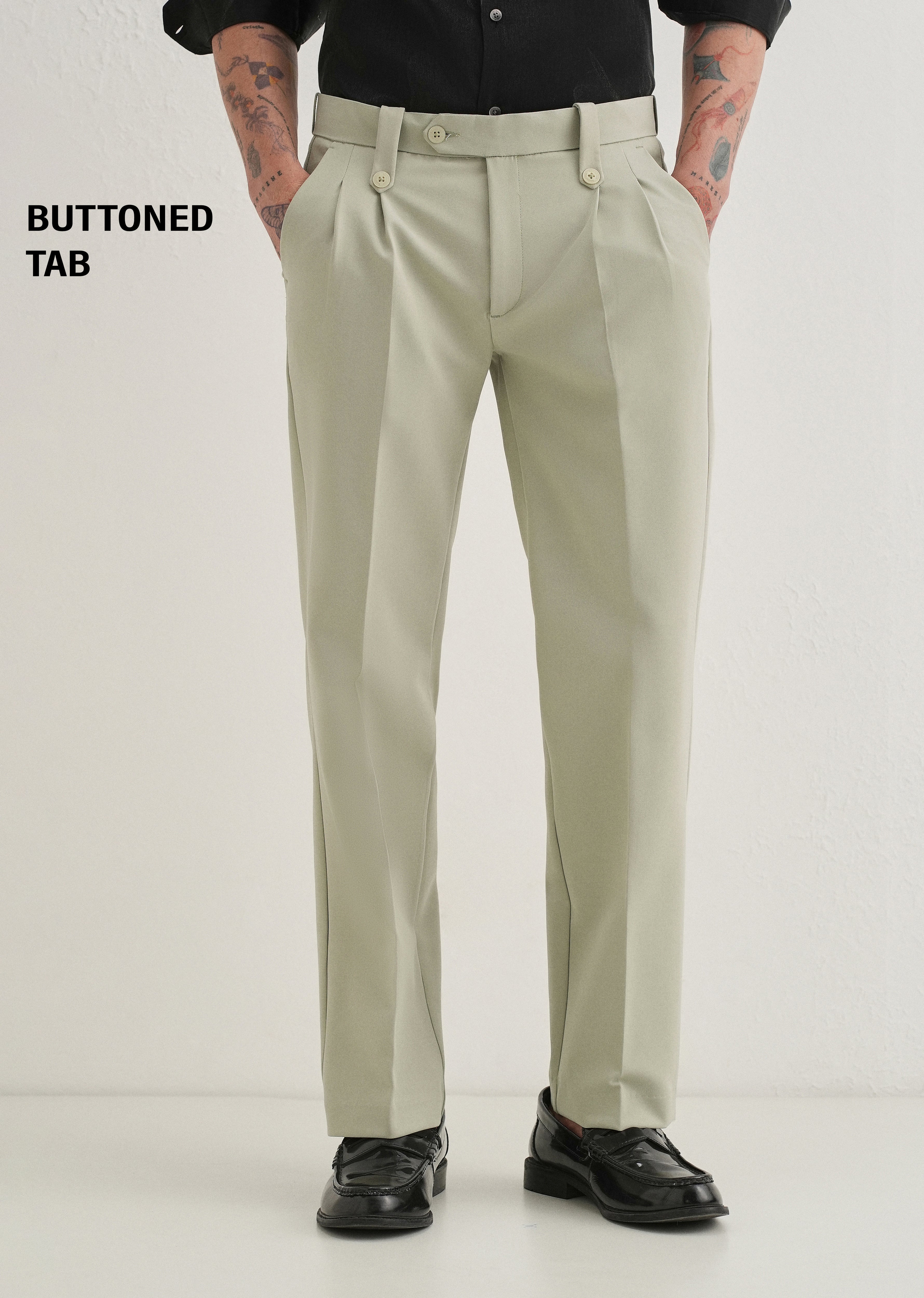 Mint Green Button-Tab Pleat Trouser