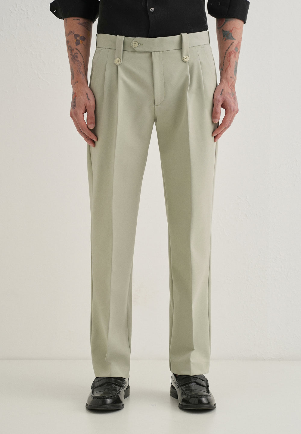Mint Green Button-Tab Pleat Trouser