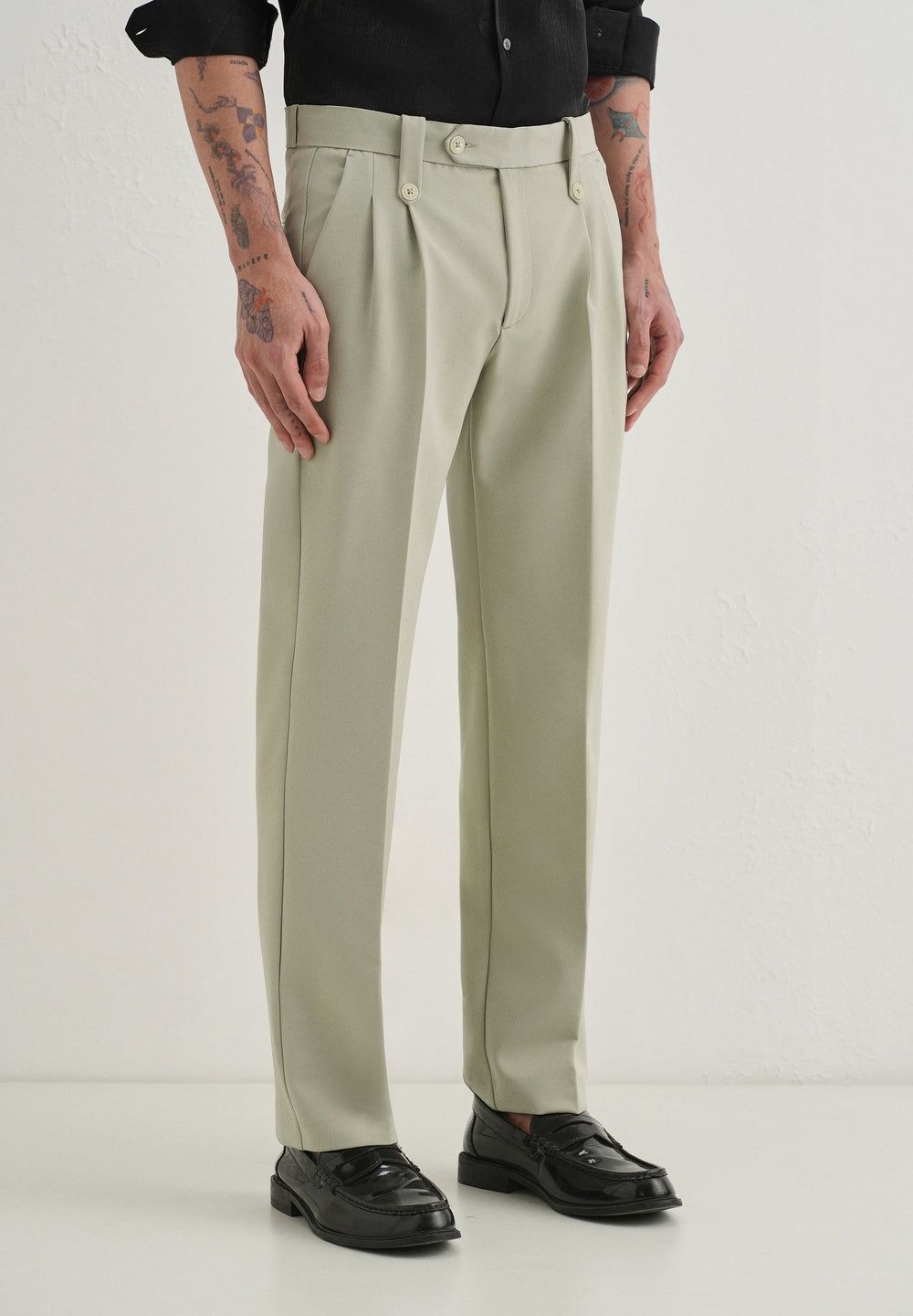 Mint Green Button-Tab Pleat Trouser