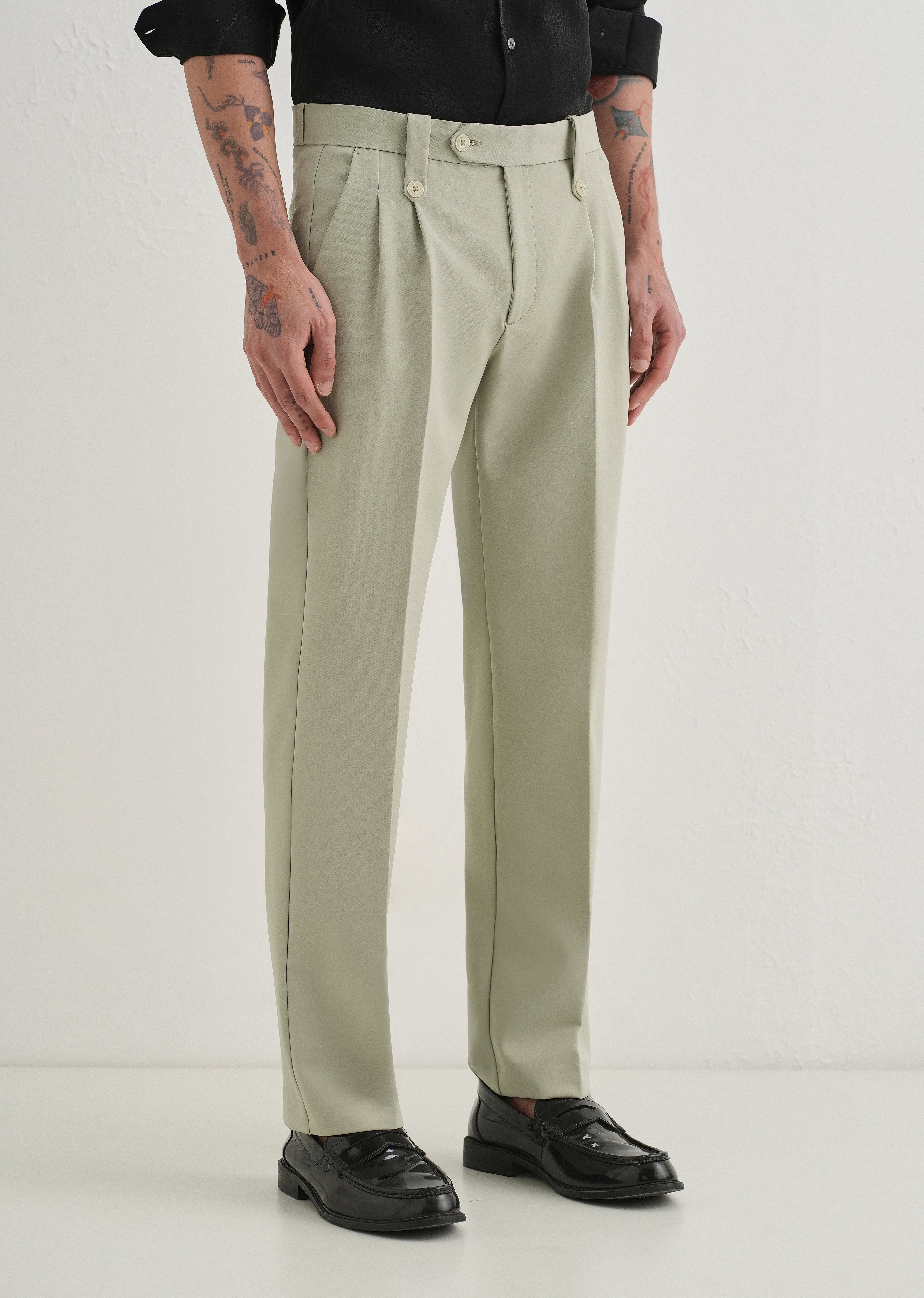 Mint Green Button-Tab Pleat Trouser
