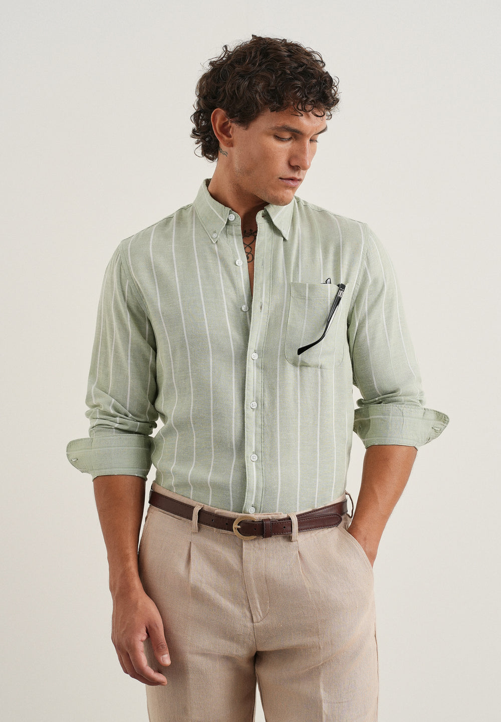Mint Green Lyocell Linen Stripe Shirt