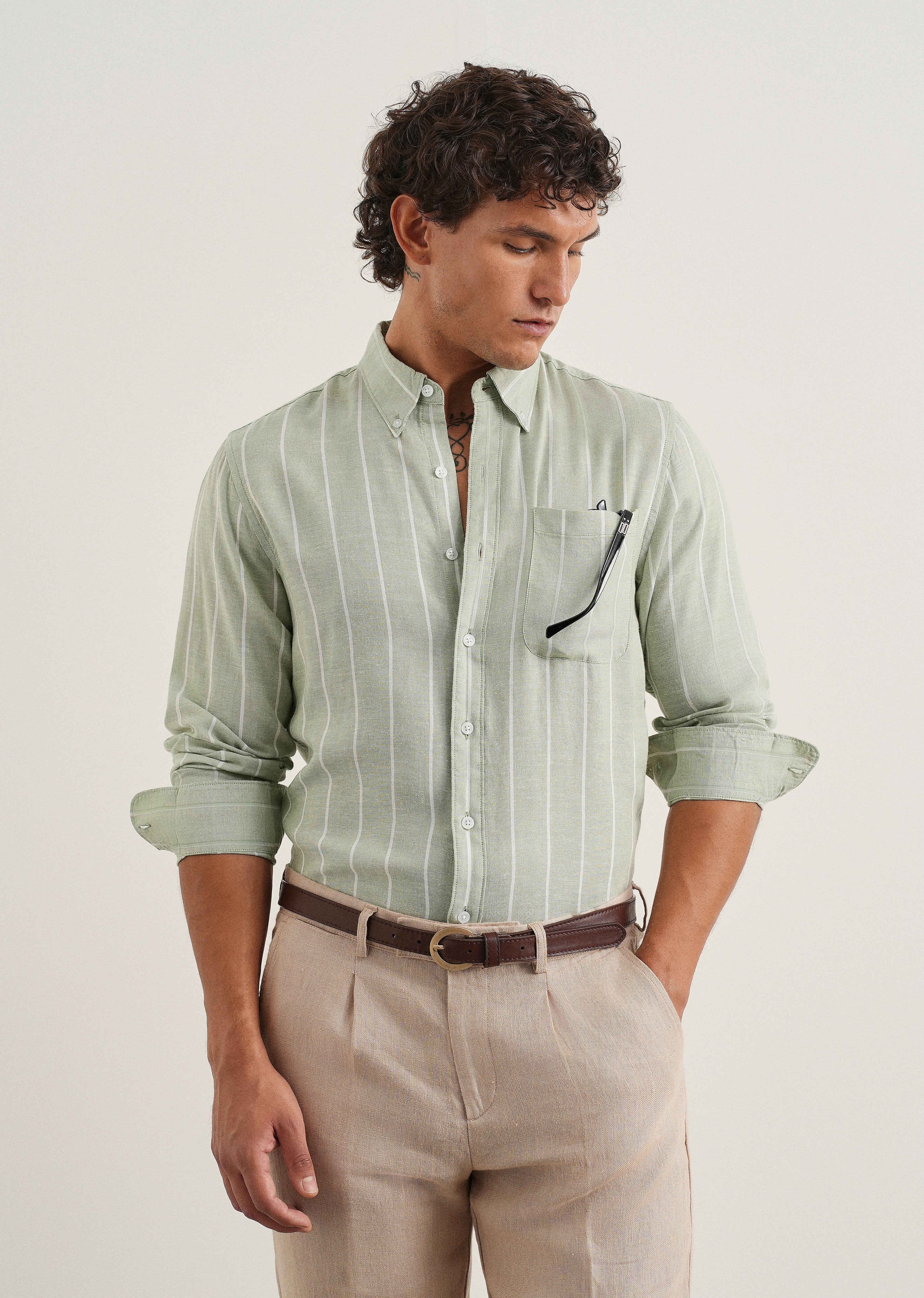 Mint Green Lyocell Linen Stripe Shirt