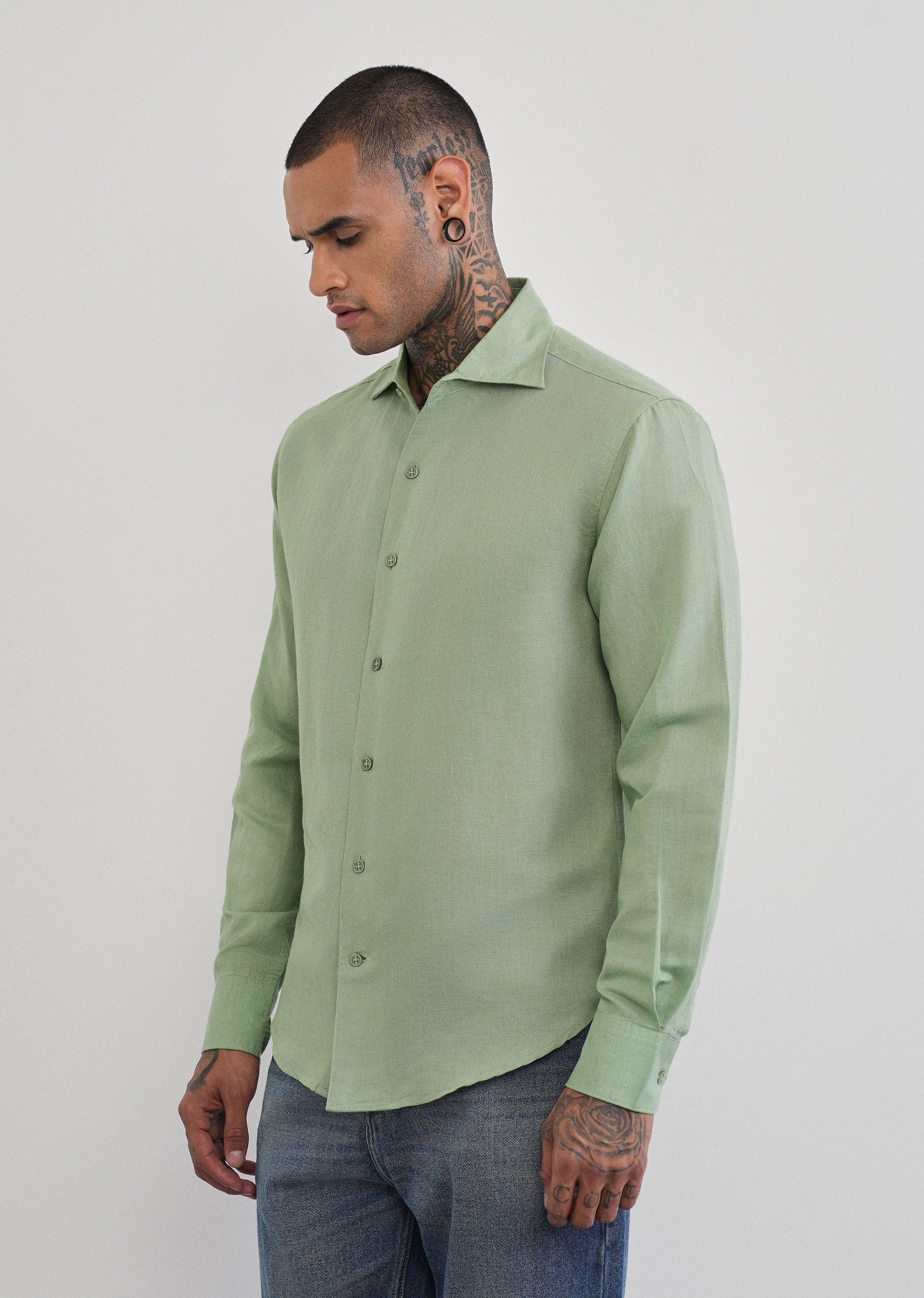 Mint Green Plain Cotton Linen Shirt