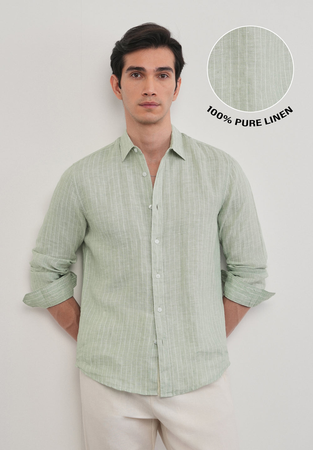 Mint Green Striped Pure Linen Shirt