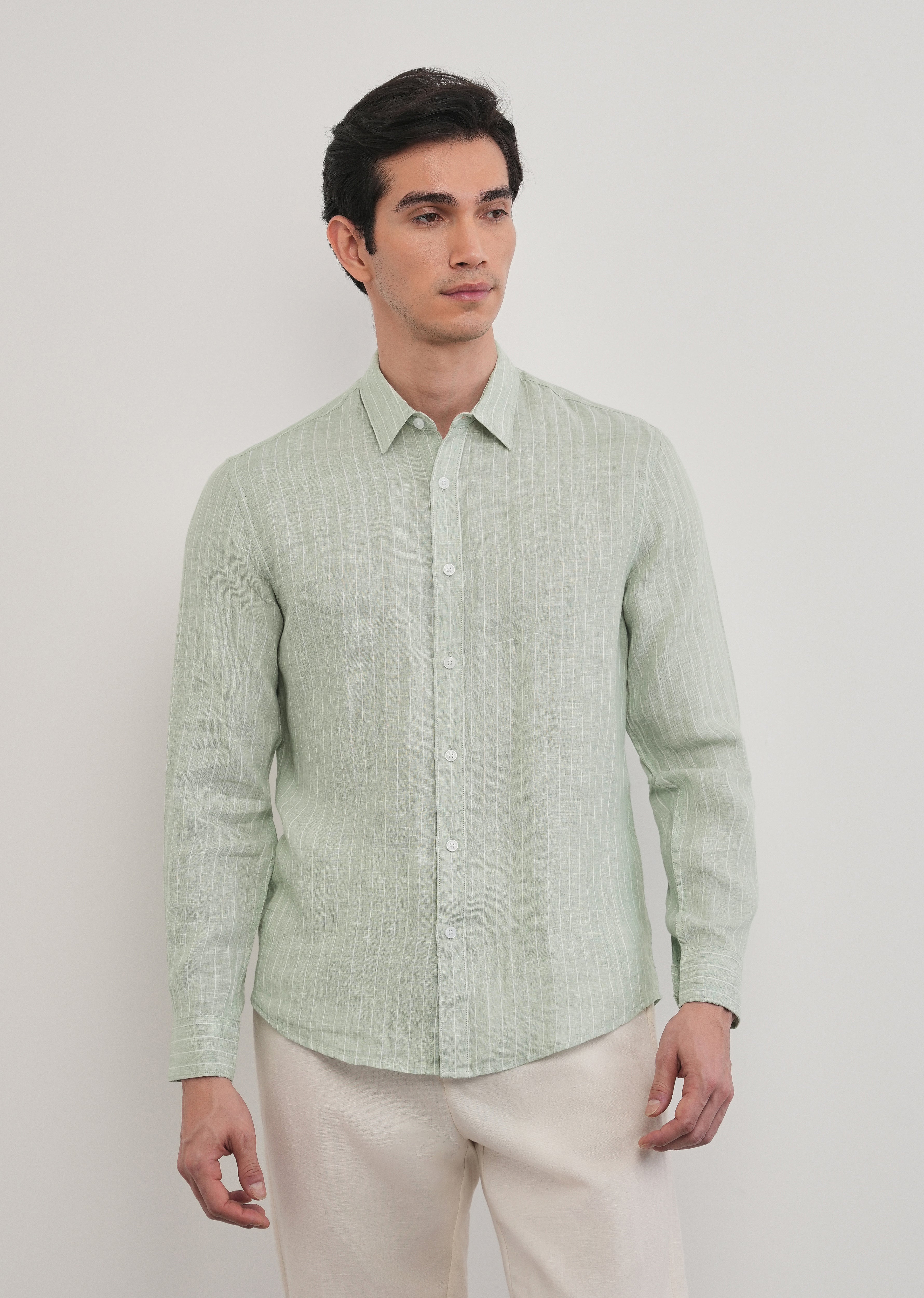 Mint Green Striped Pure Linen Shirt