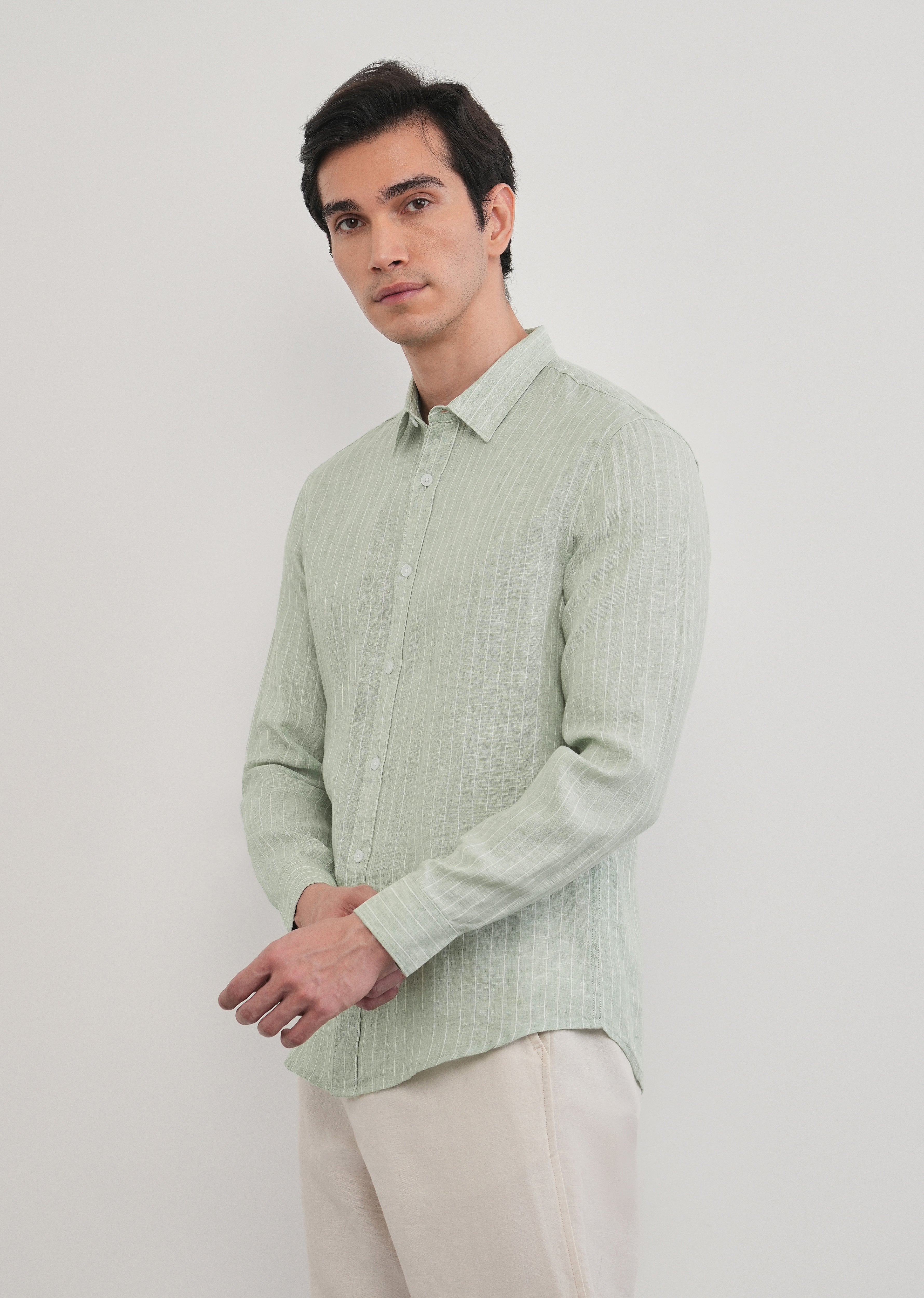 Mint Green Striped Pure Linen Shirt