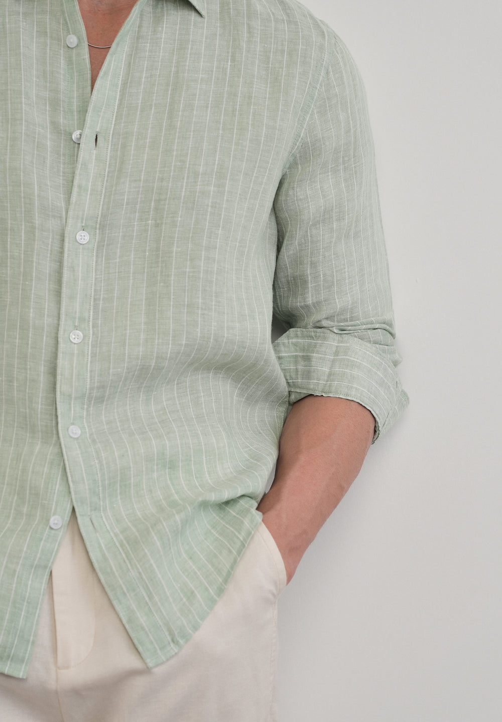 Mint Green Striped Pure Linen Shirt