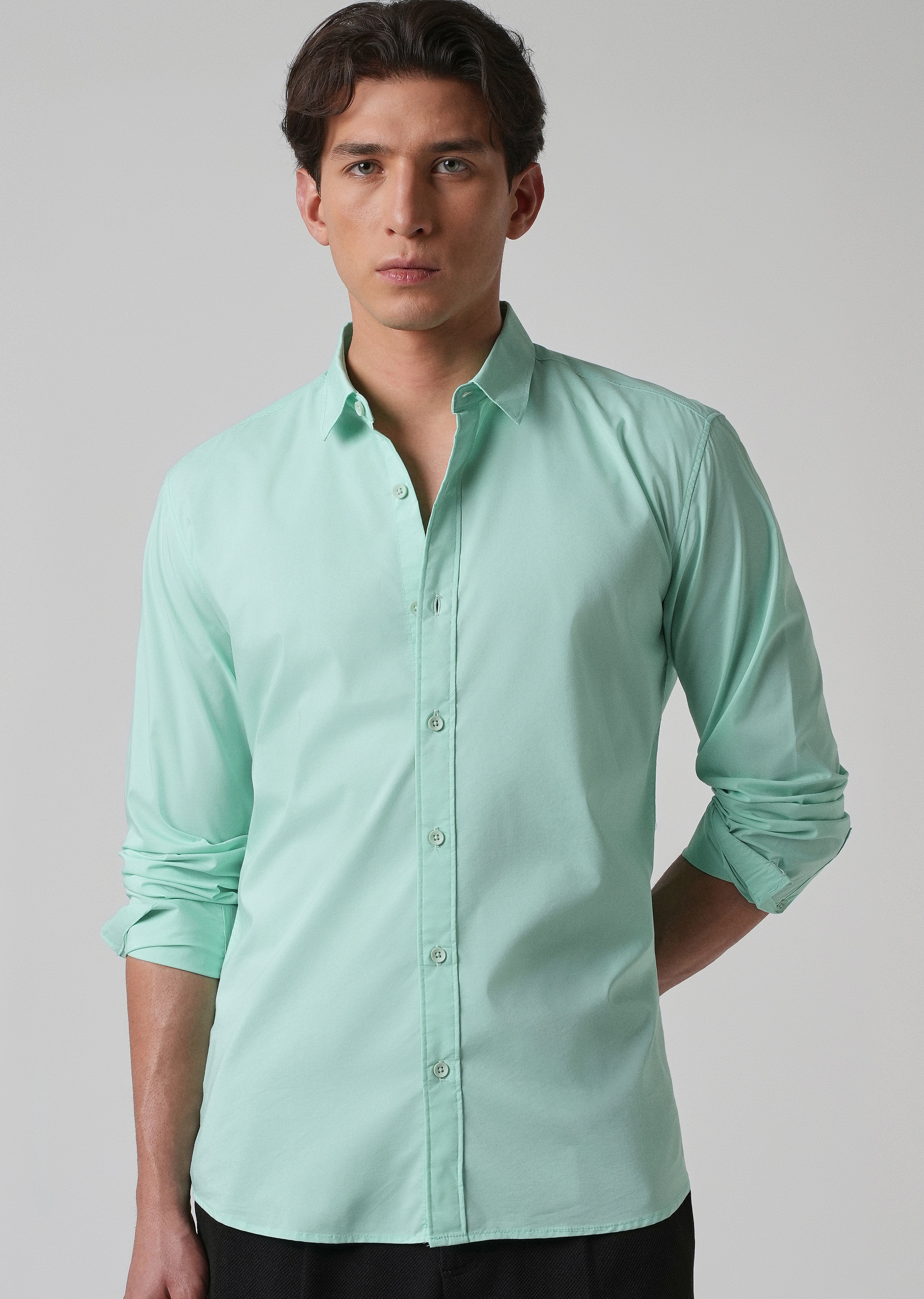 Mint Green Plain Blended Cotton Shirt
