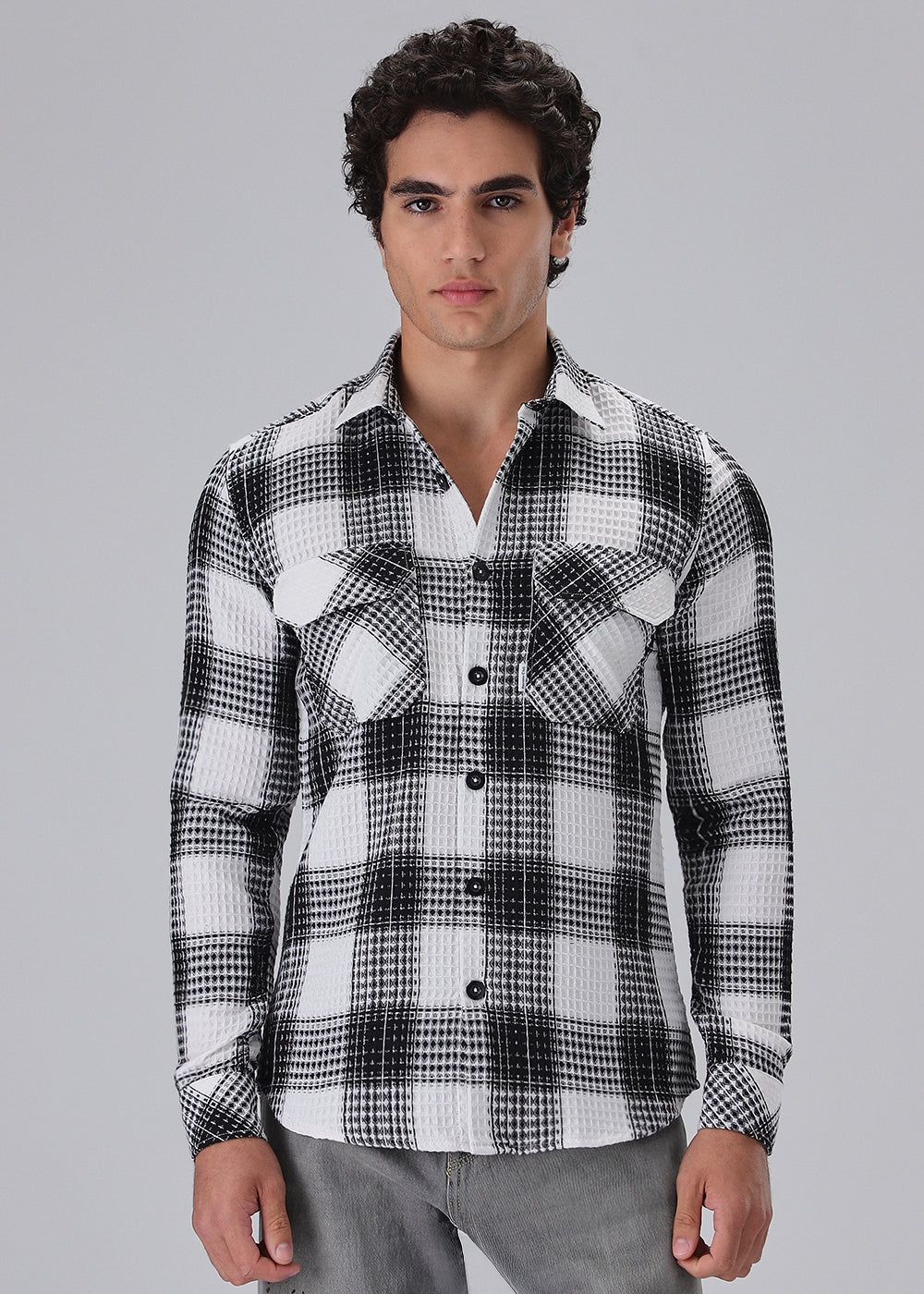 Monochrome Waffle Plaid Check Shirt