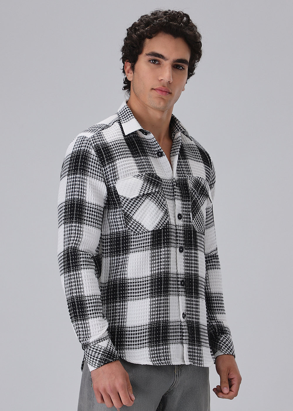 Monochrome Waffle Plaid Check Shirt