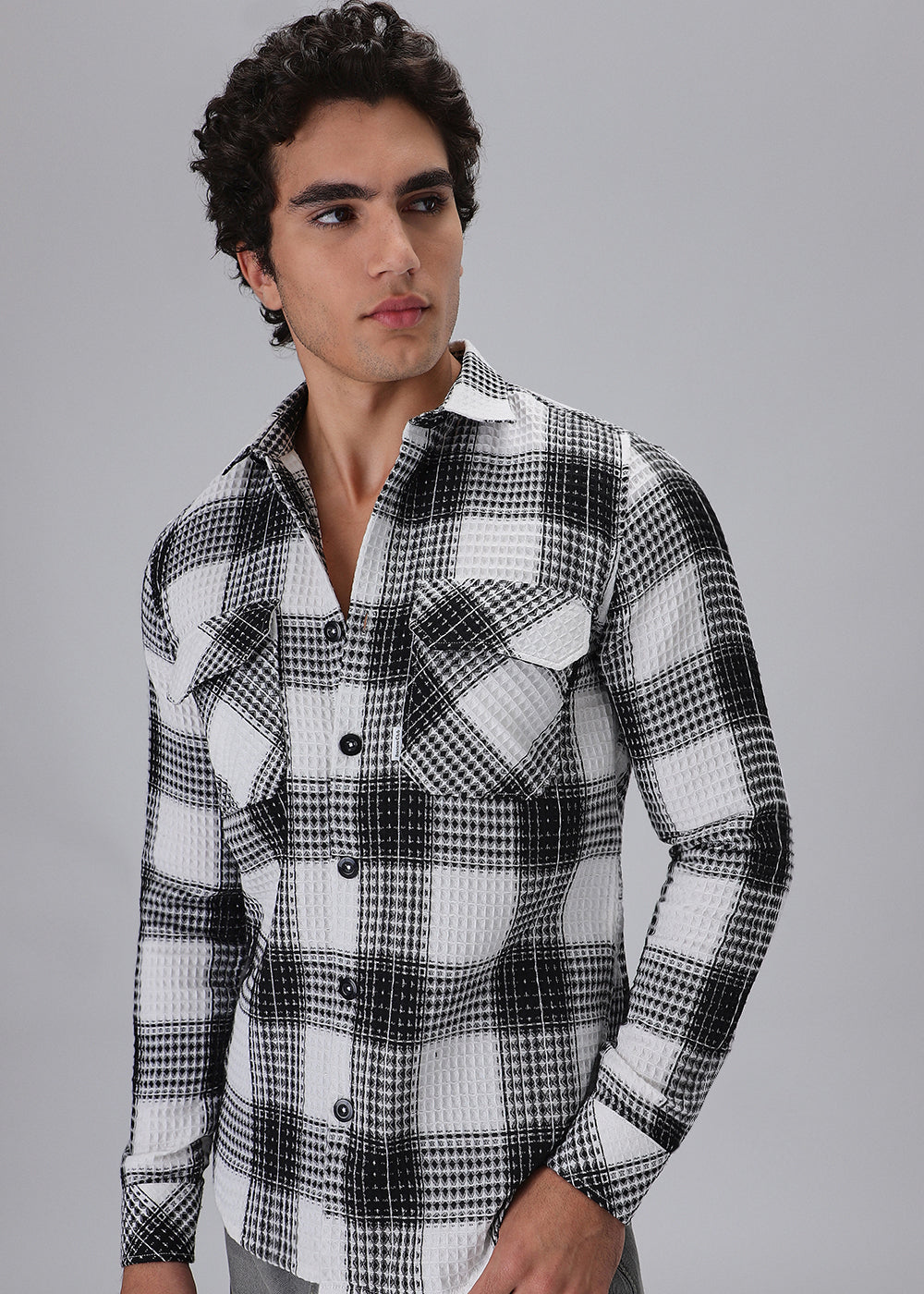 Monochrome Waffle Plaid Check Shirt