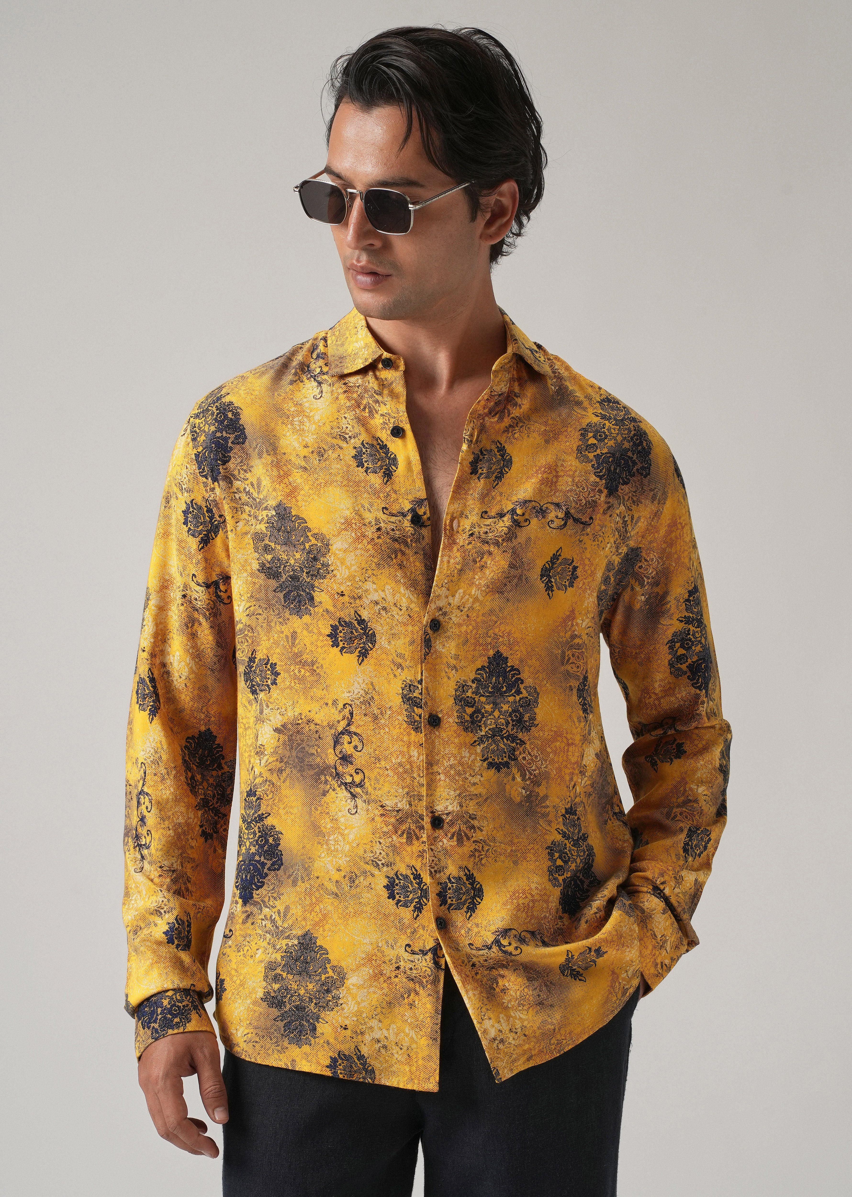 Mustard Floral Print Feather Shirt