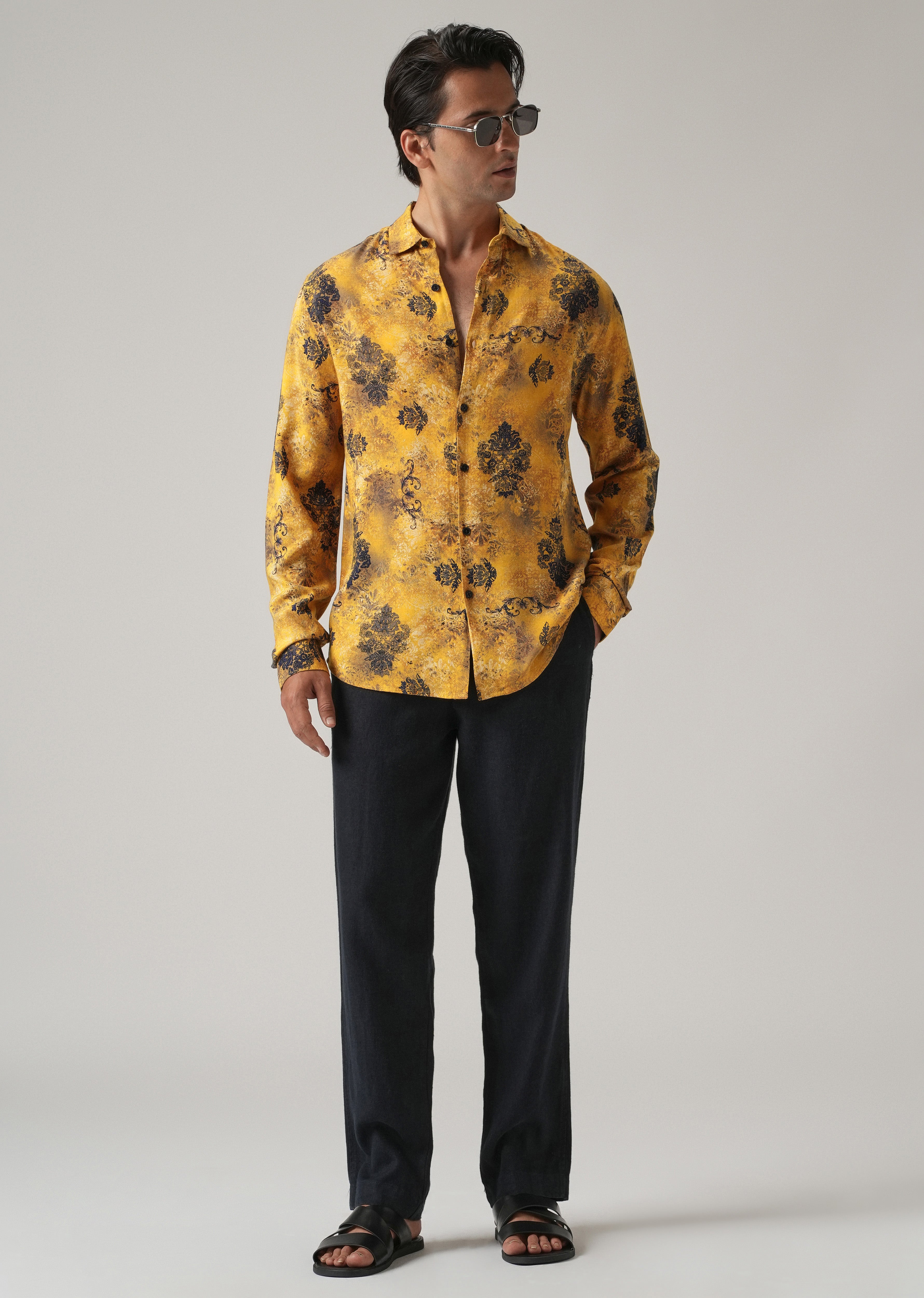 Mustard Floral Print Feather Shirt