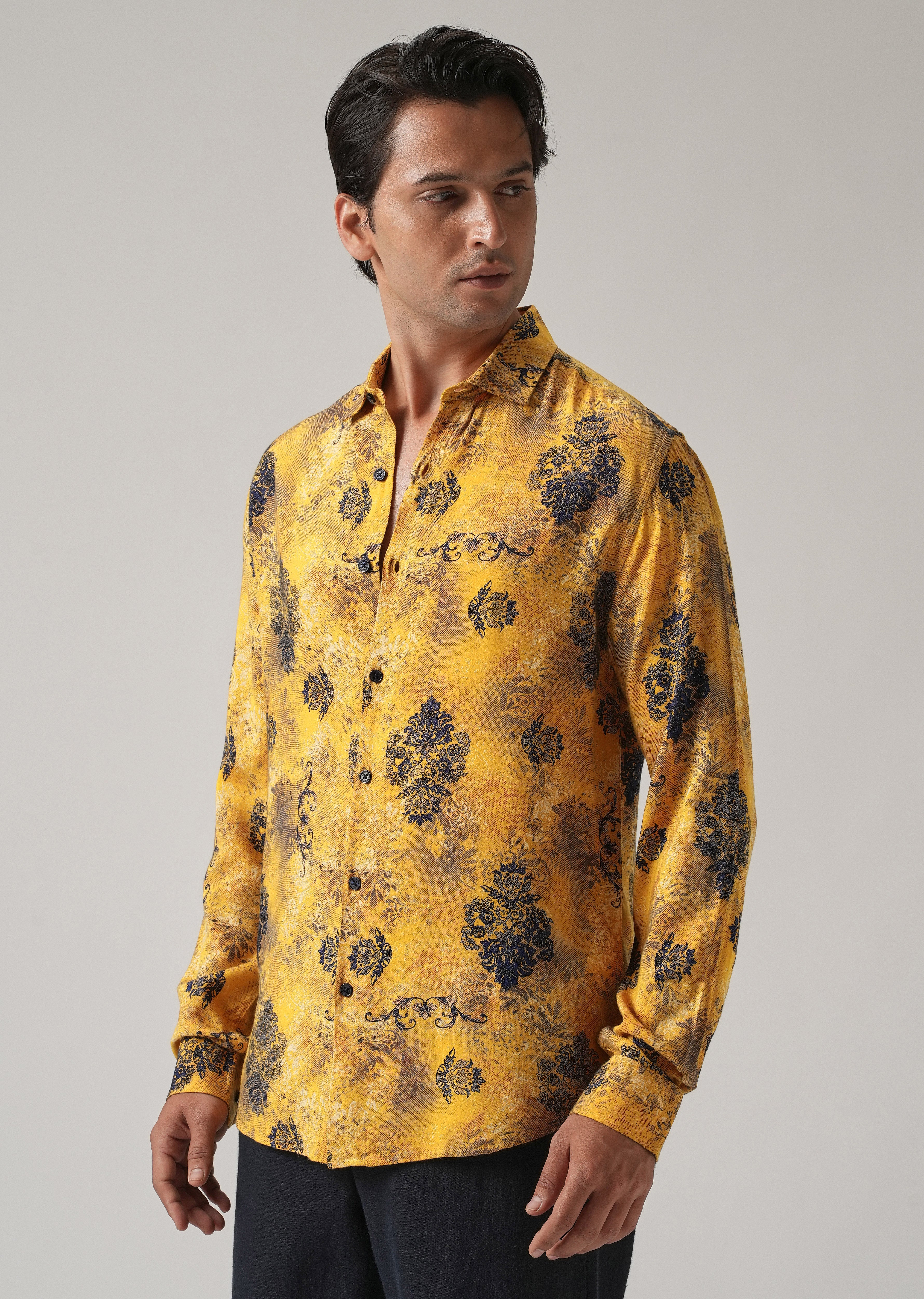 Mustard Floral Print Feather Shirt