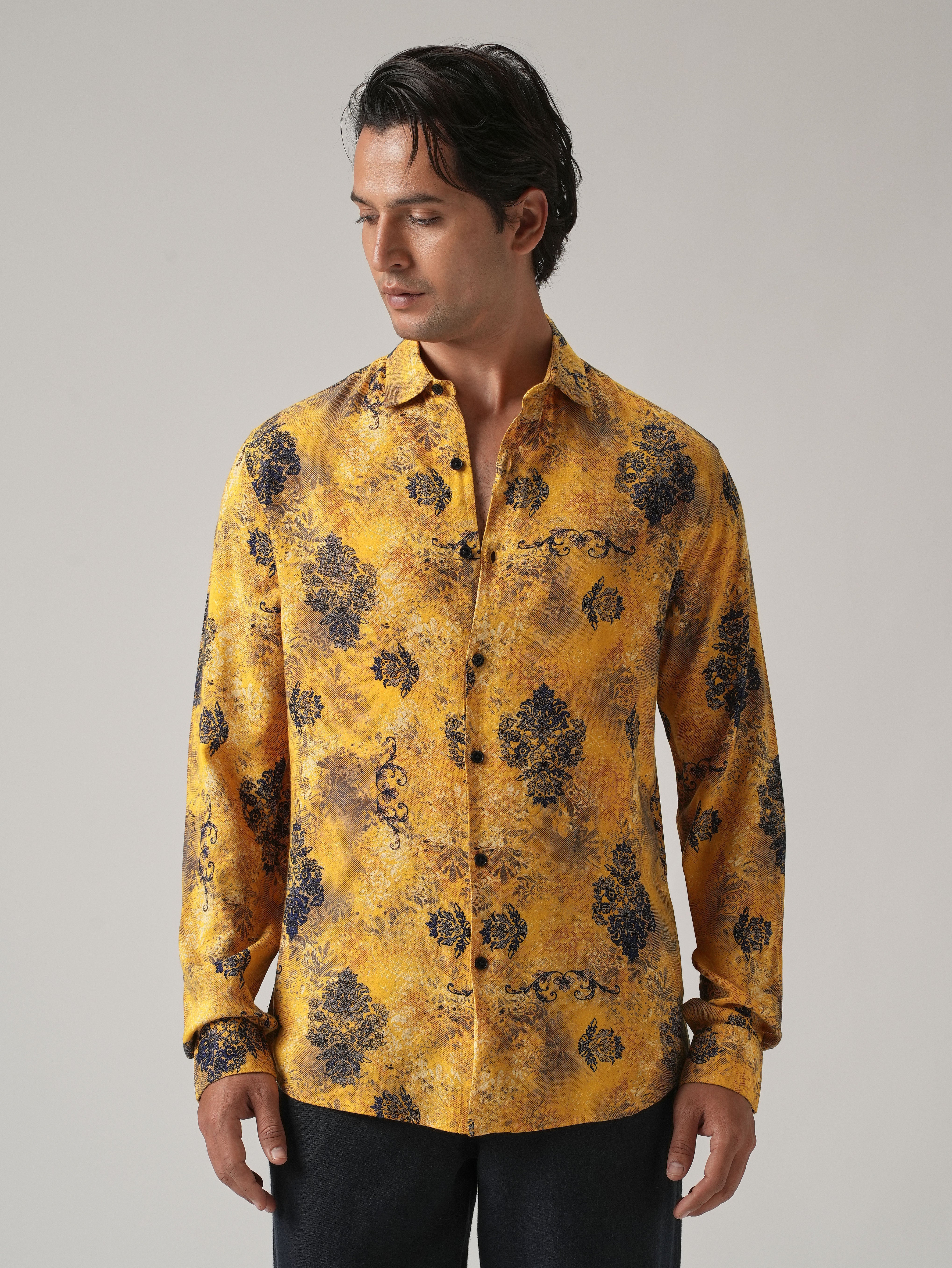 Mustard Floral Print Feather Shirt