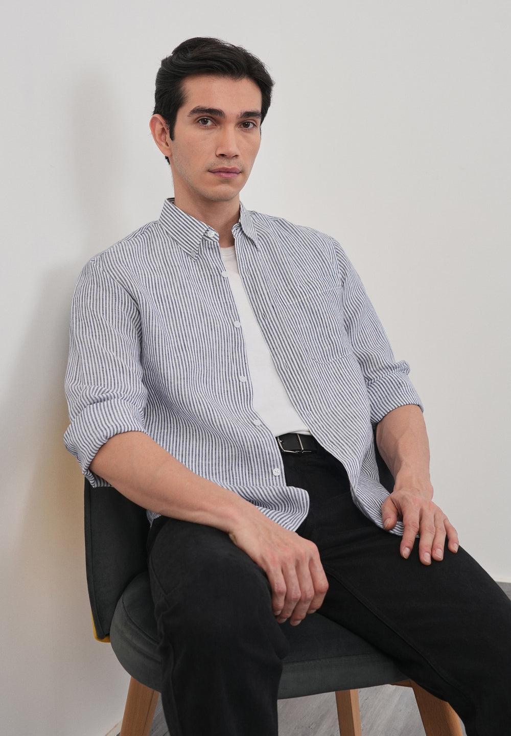 Navy Blue 100% Pure Linen Stripe Shirt