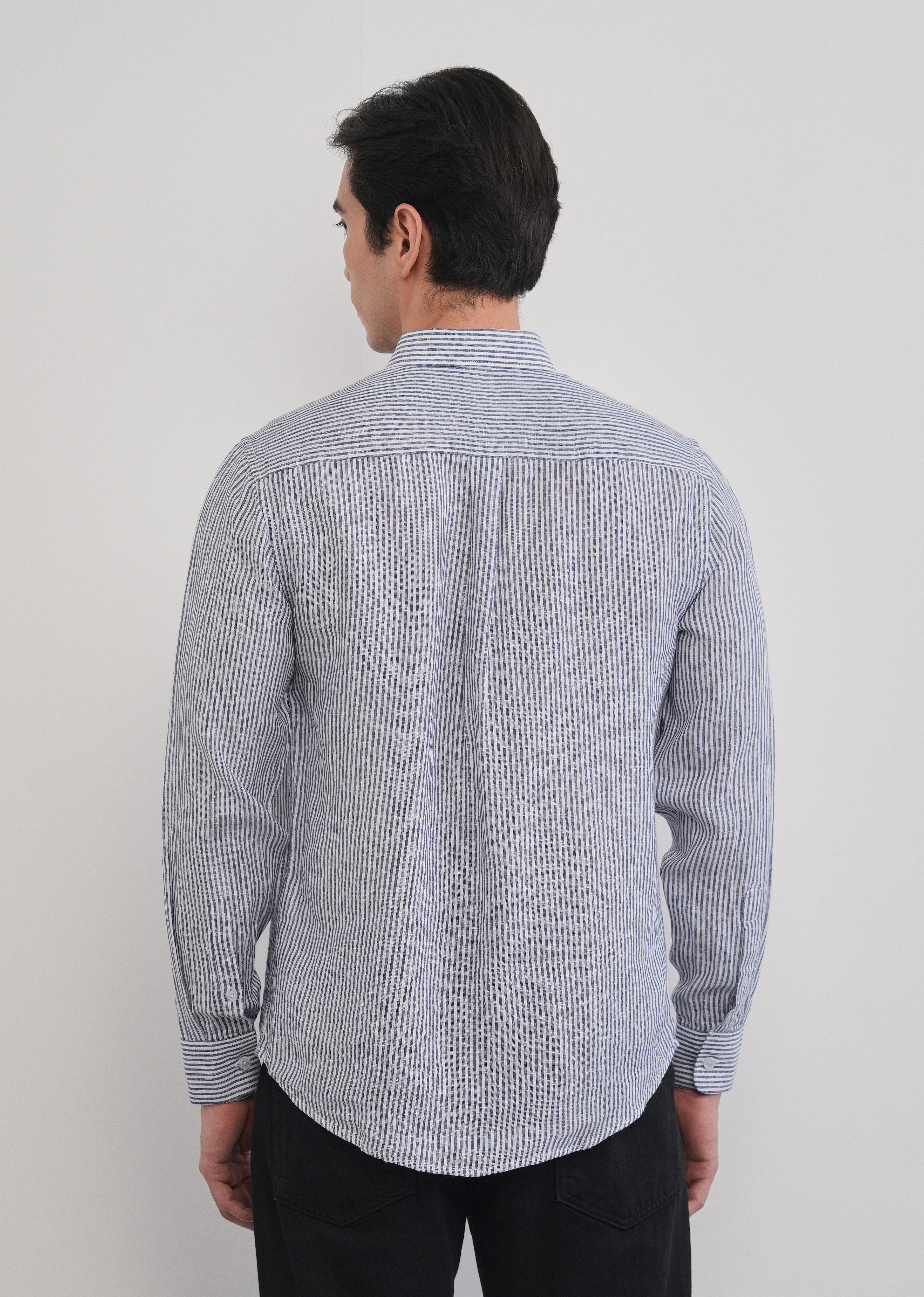 Navy Blue 100% Pure Linen Stripe Shirt