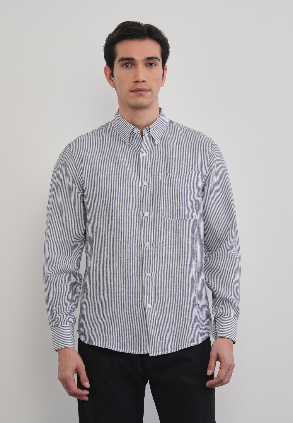 Navy Blue 100% Pure Linen Stripe Shirt