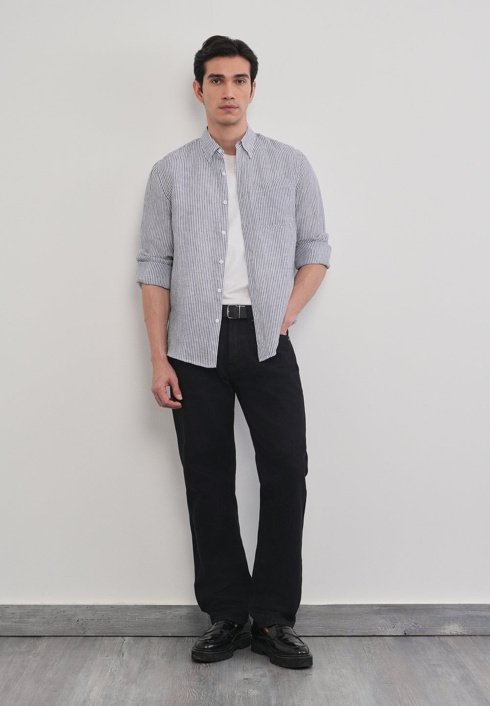 Navy Blue 100% Pure Linen Stripe Shirt