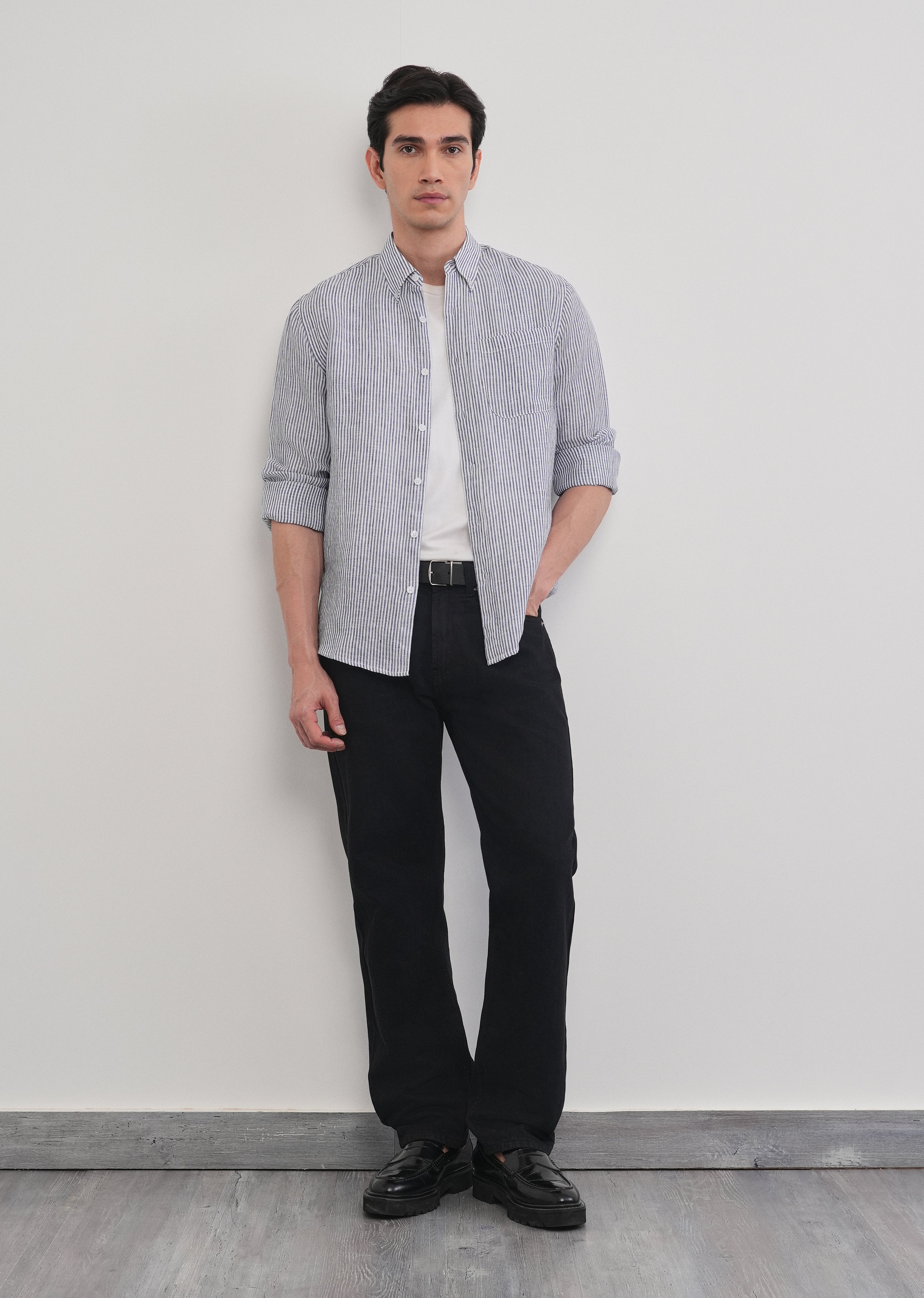 Navy Blue 100% Pure Linen Stripe Shirt