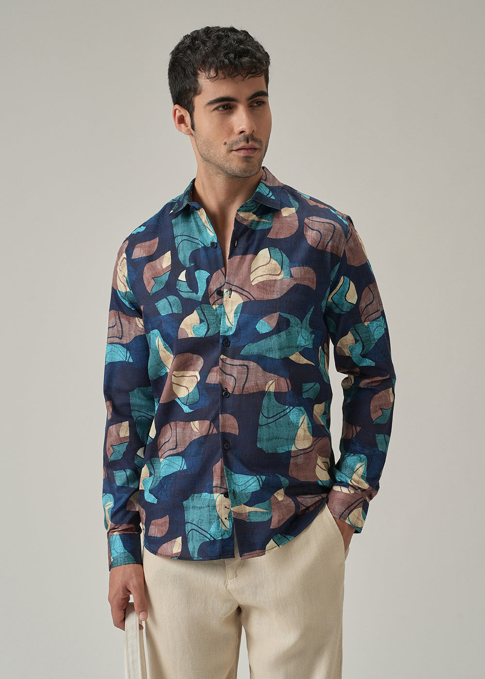 Navy Blue Mosaic Print Shirt