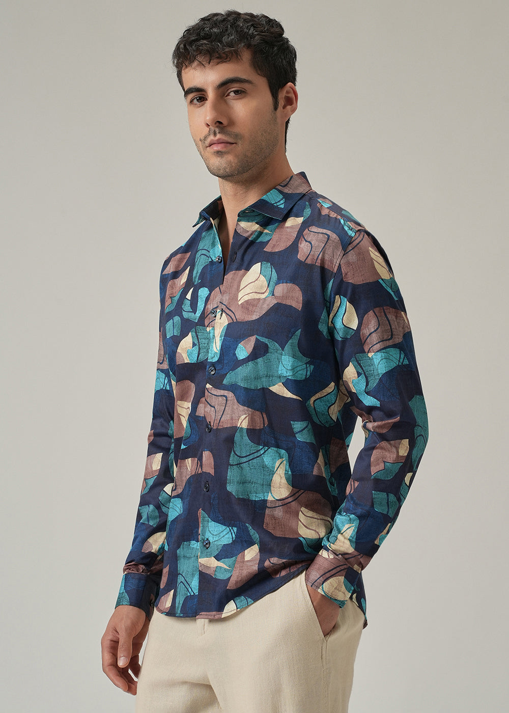 Navy Blue Mosaic Print Shirt