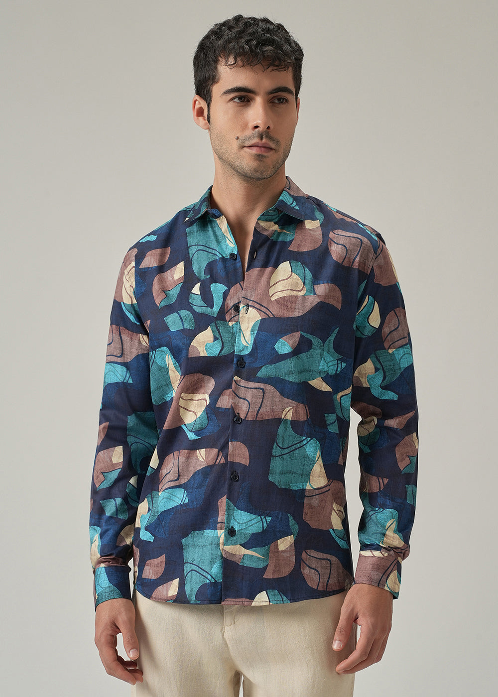 Navy Blue Mosaic Print Shirt