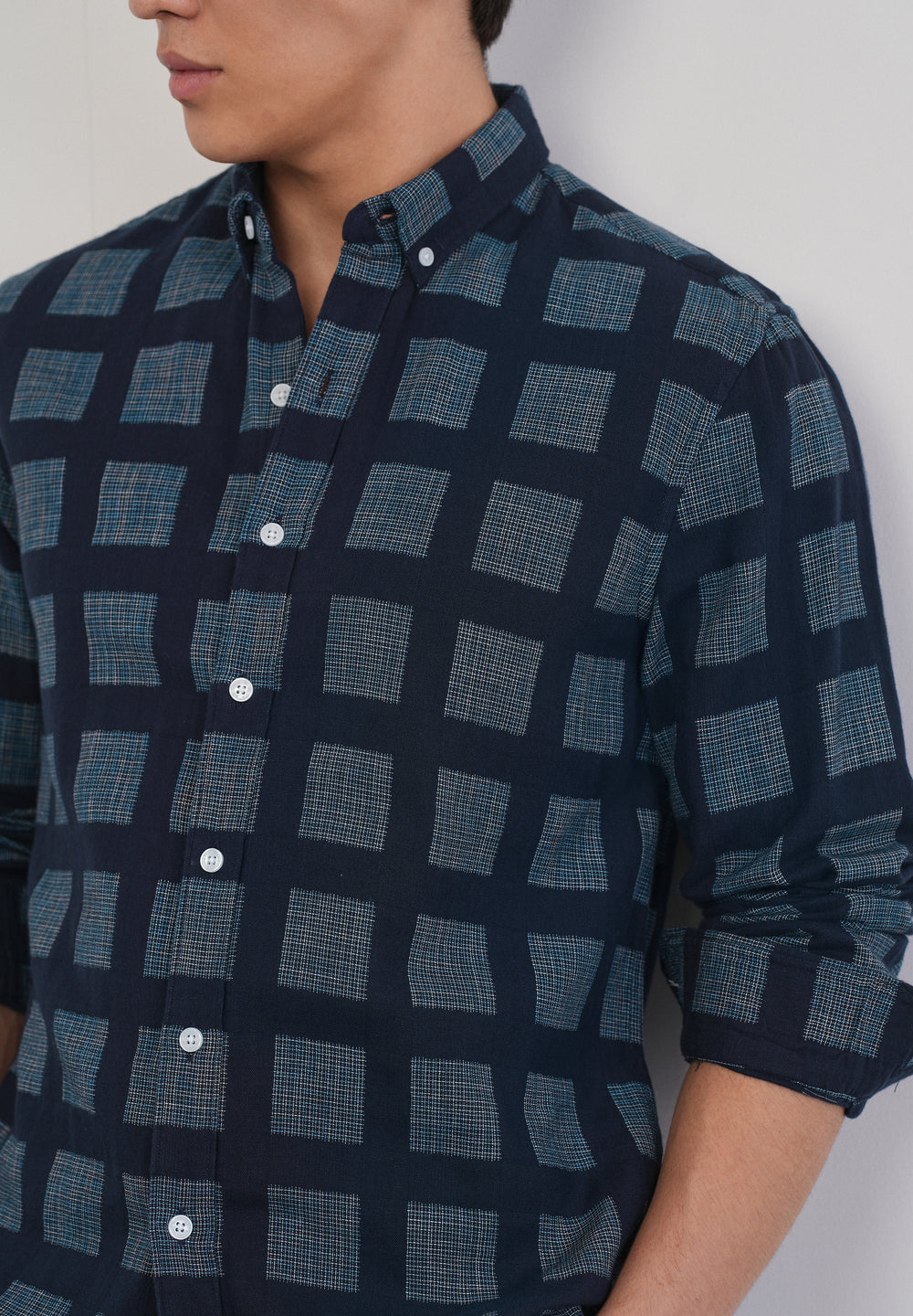 Navy Blue Broken Check Cotton Linen Shirt
