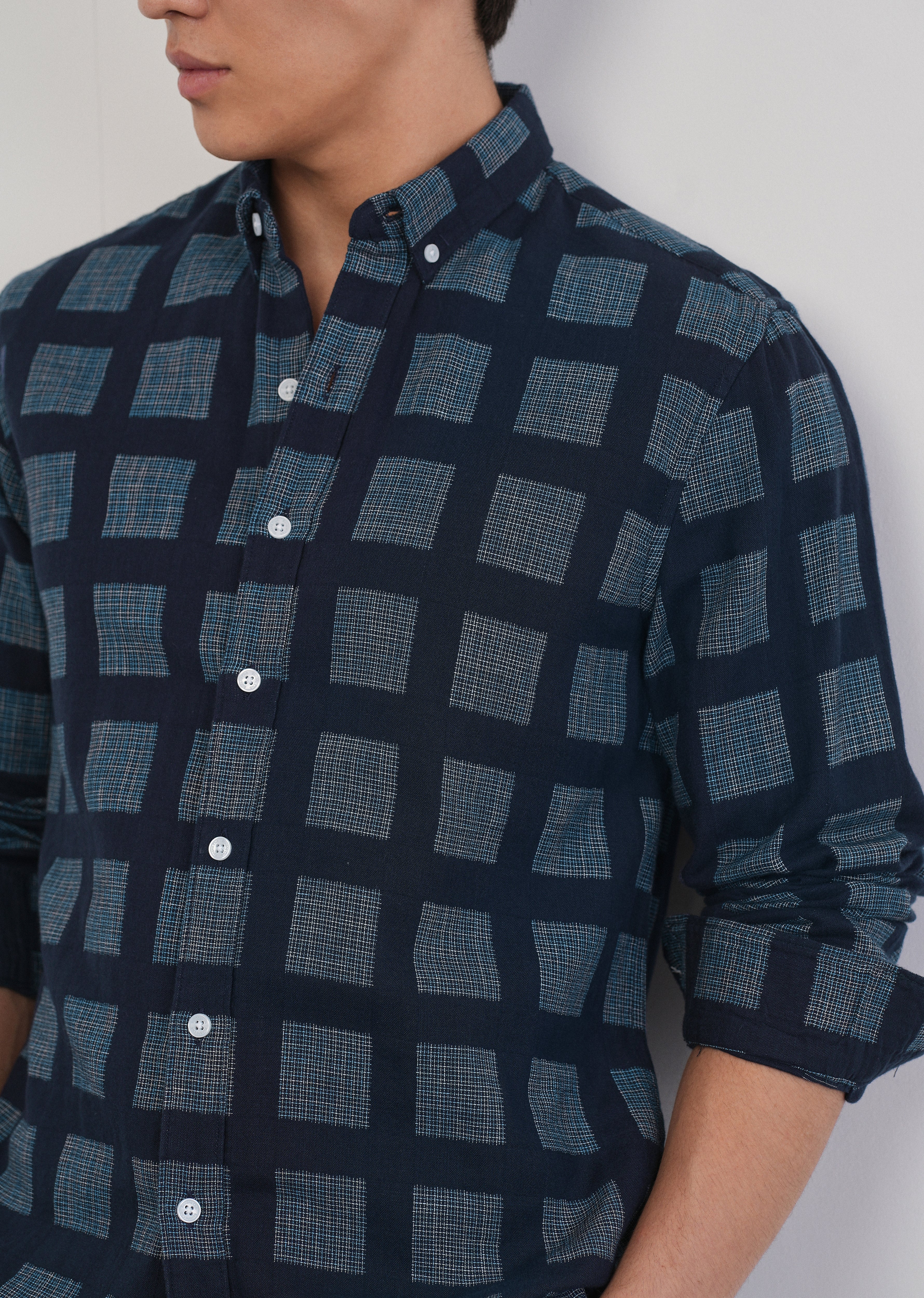 Navy Blue Broken Check Cotton Linen Shirt