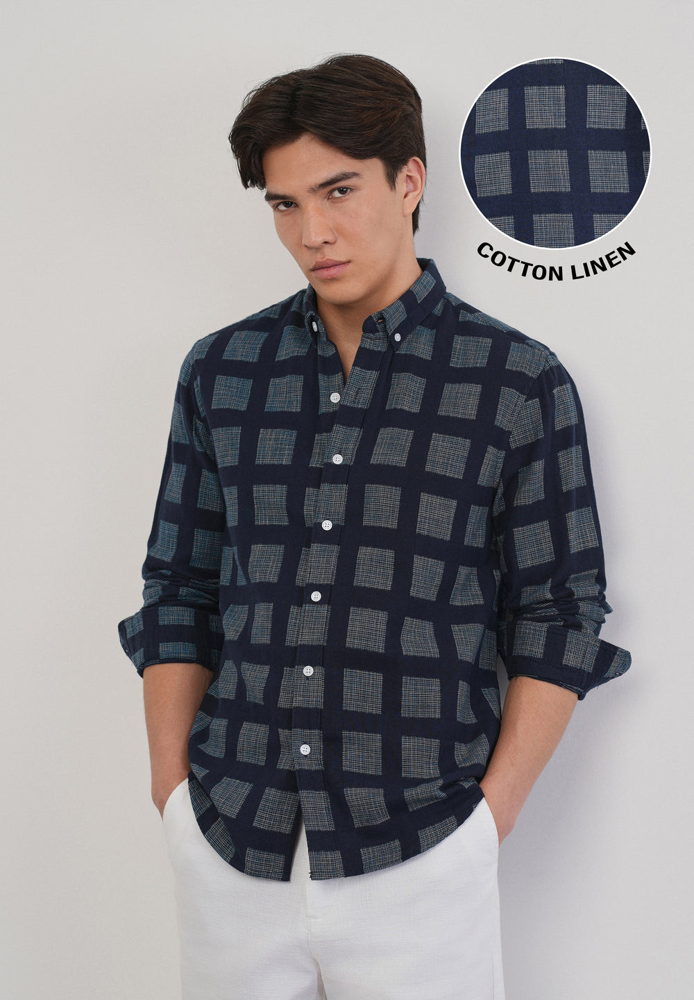 Navy Blue Broken Check Cotton Linen Shirt