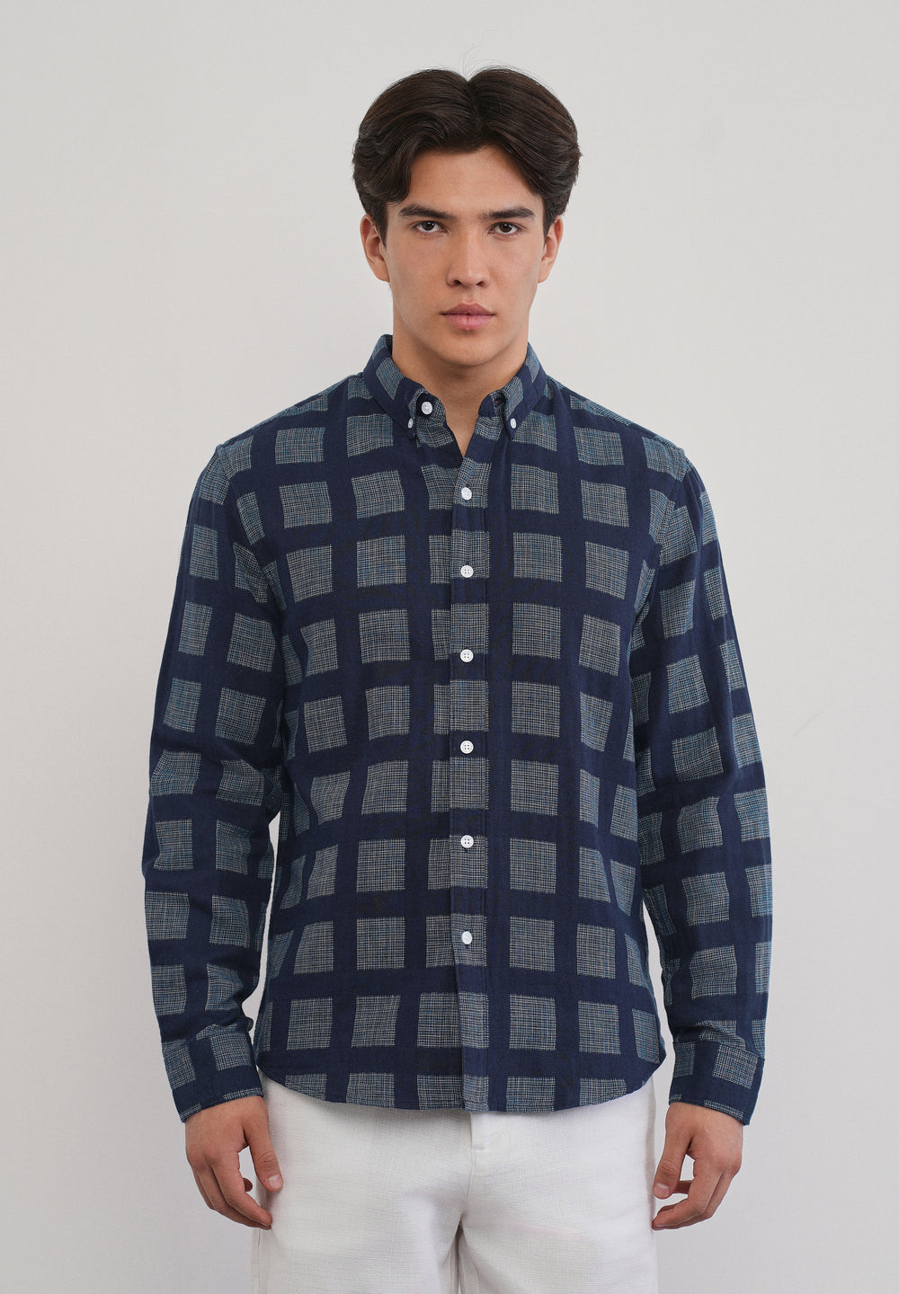 Navy Blue Broken Check Cotton Linen Shirt