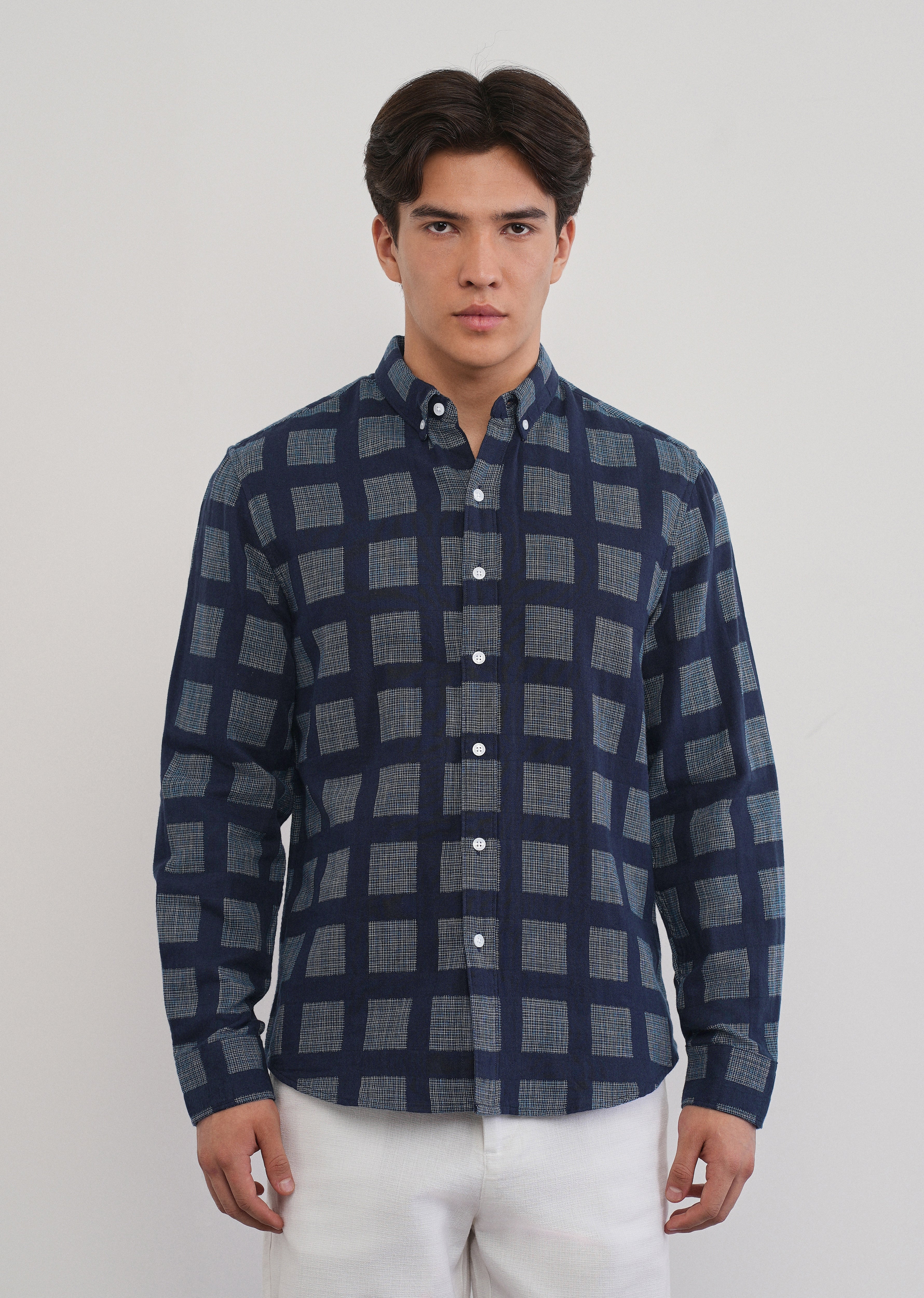 Navy Blue Broken Check Cotton Linen Shirt