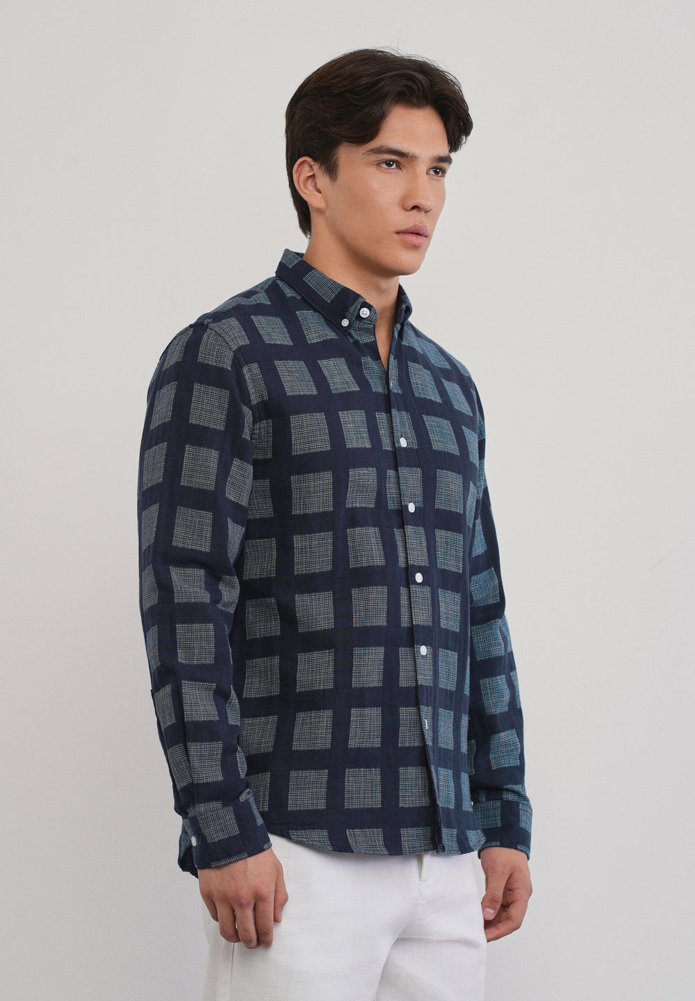 Navy Blue Broken Check Cotton Linen Shirt