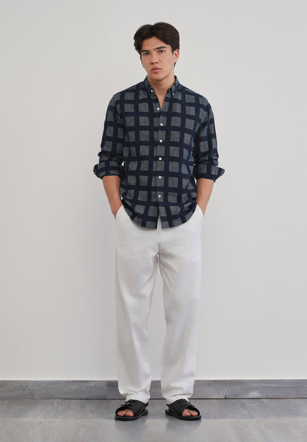 Navy Blue Broken Check Cotton Linen Shirt