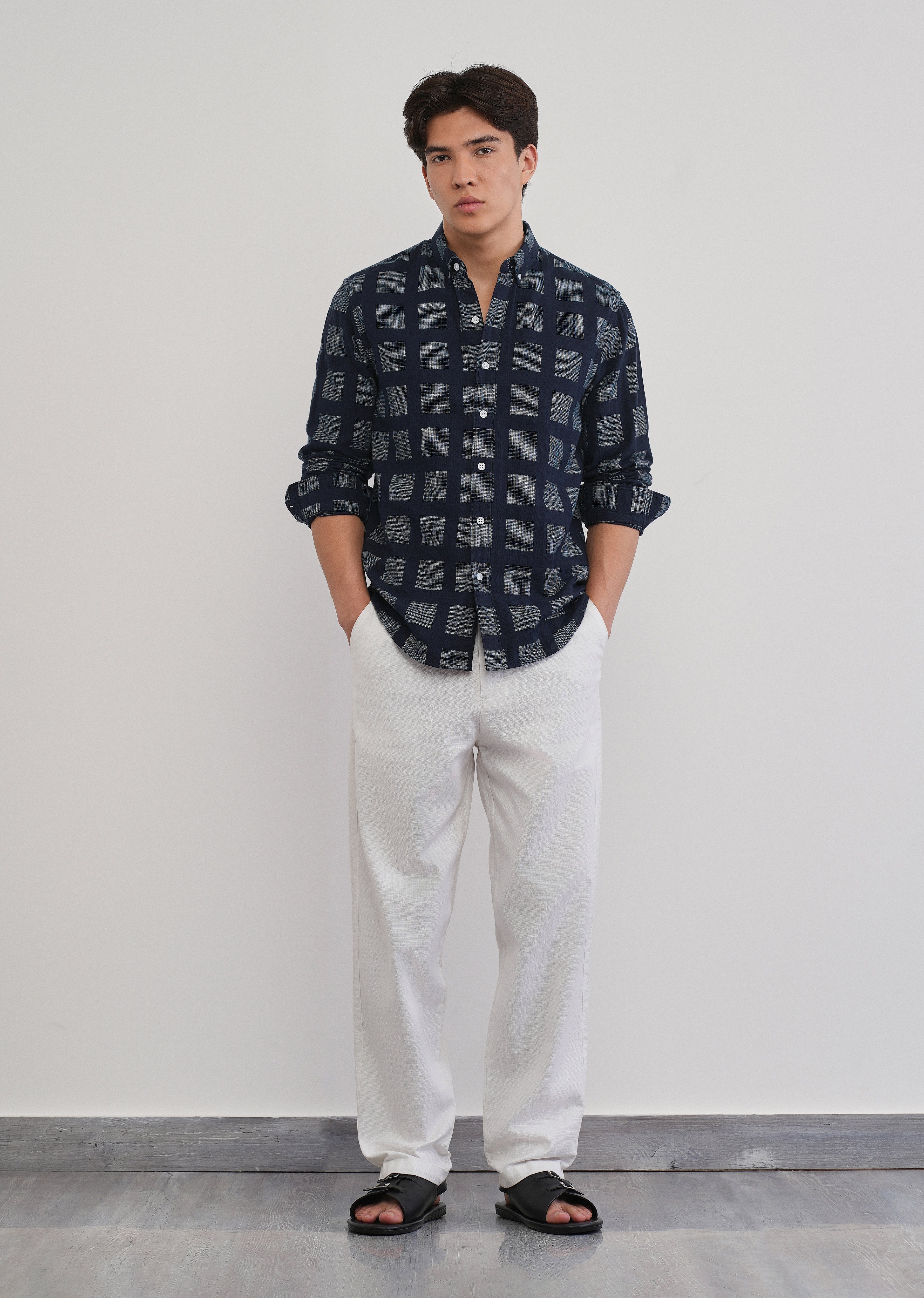 Navy Blue Broken Check Cotton Linen Shirt