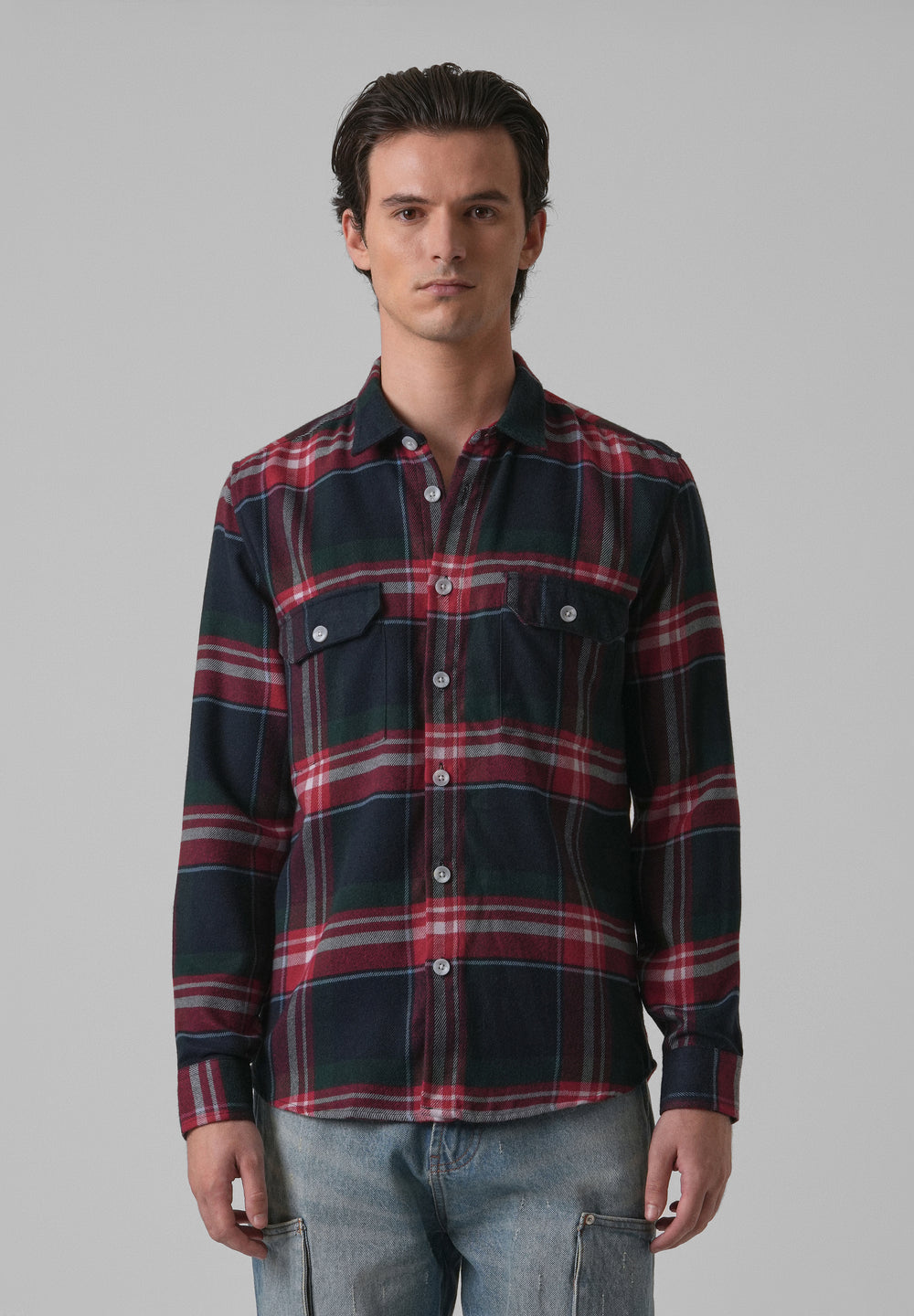 Navy Blue Brushed Cotton Check Shirt