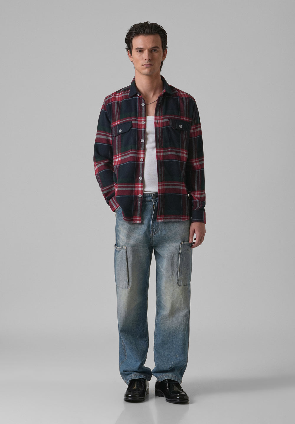 Navy Blue Brushed Cotton Check Shirt