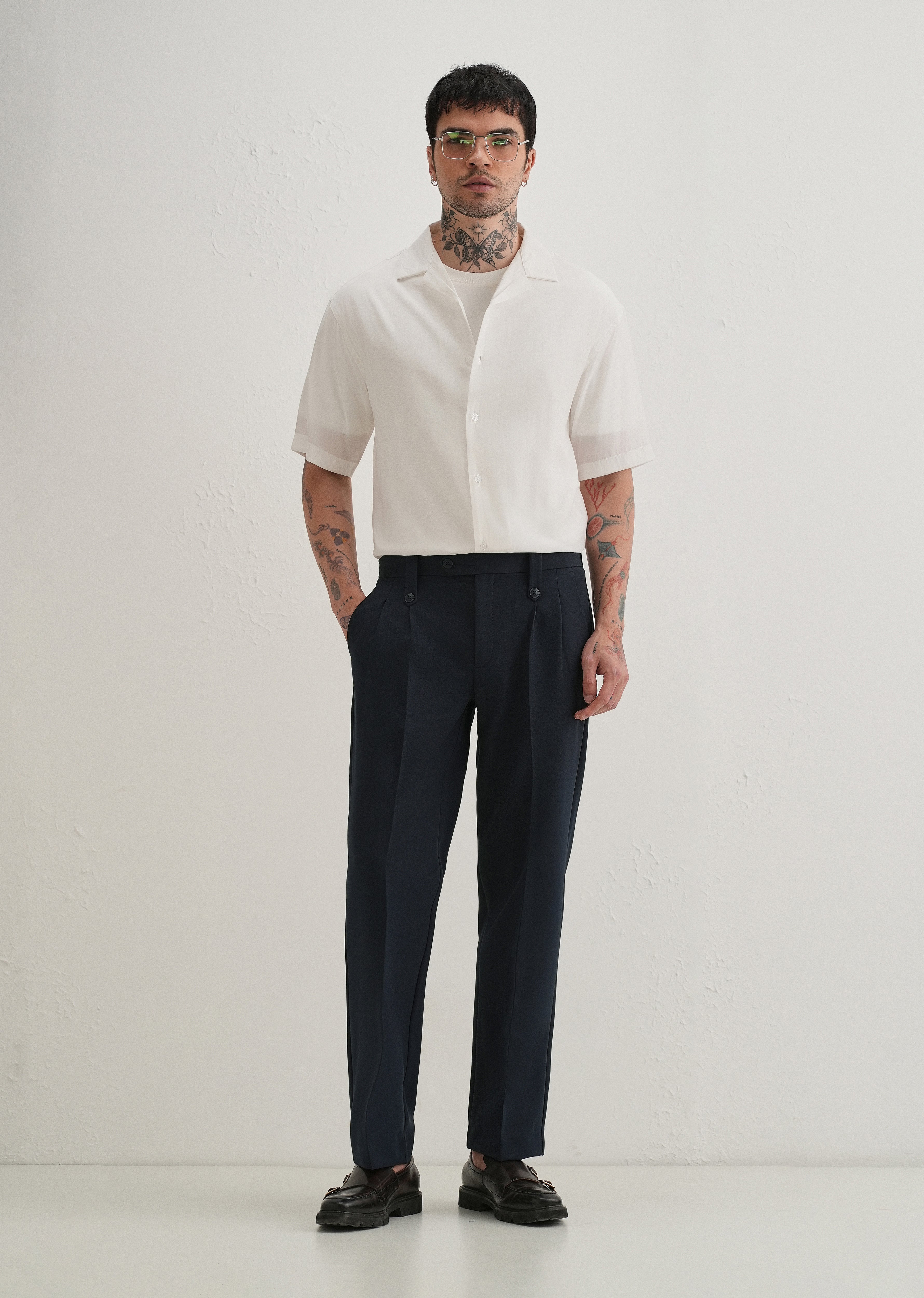 Navy Blue Button-Tab Pleat Trouser