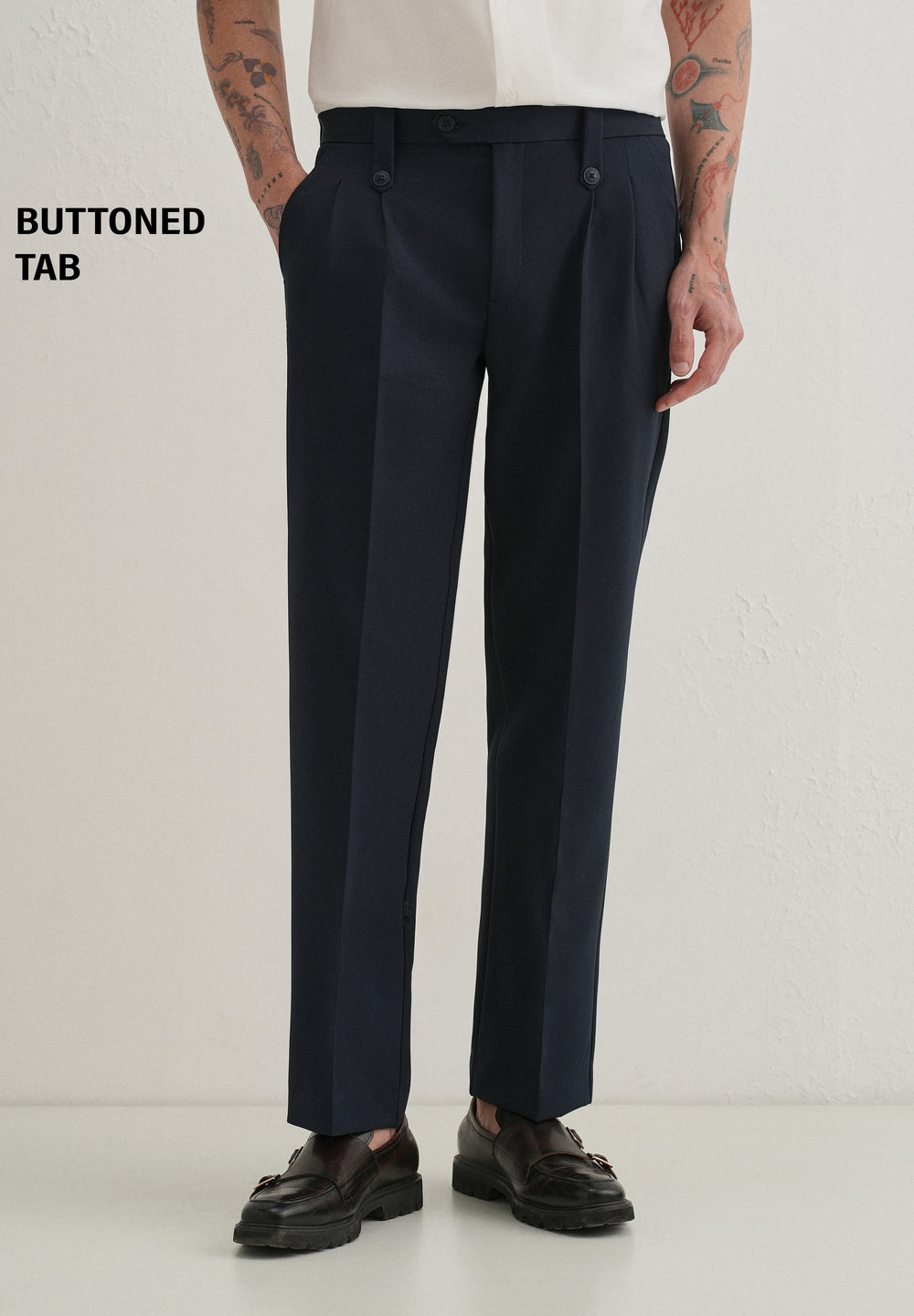Navy Blue Button-Tab Pleat Trouser