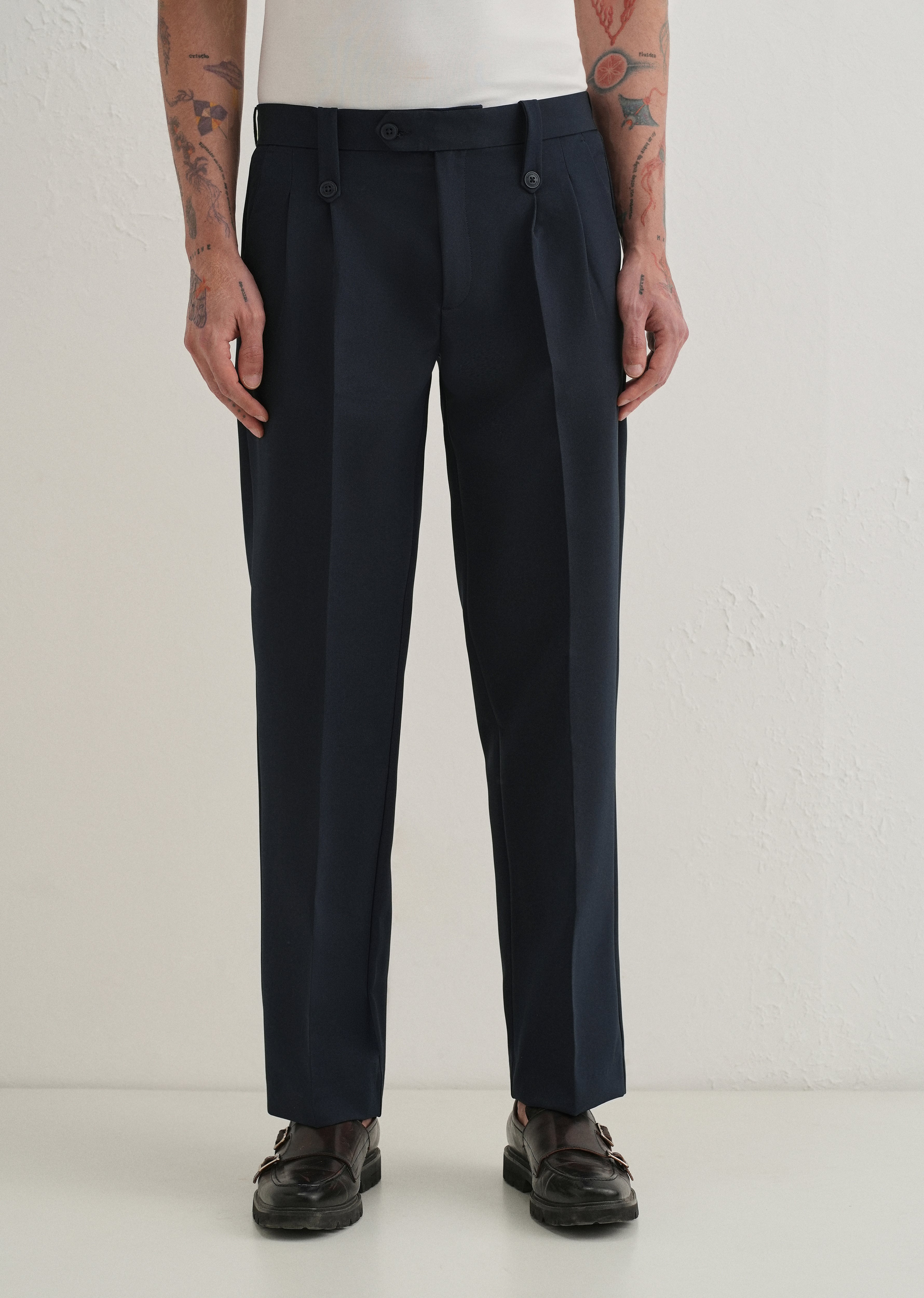 Navy Blue Button-Tab Pleat Trouser