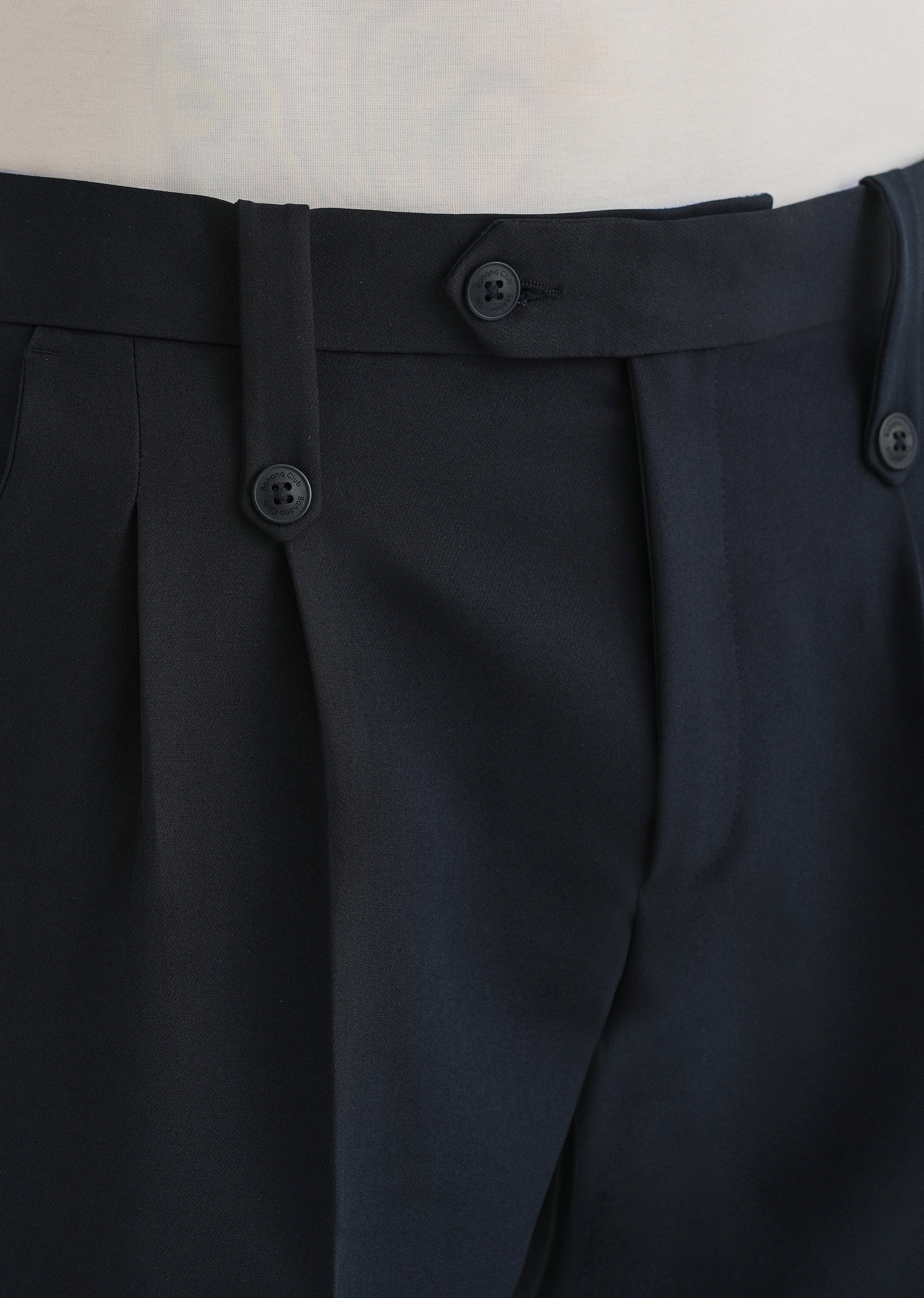 Navy Blue Button-Tab Pleat Trouser